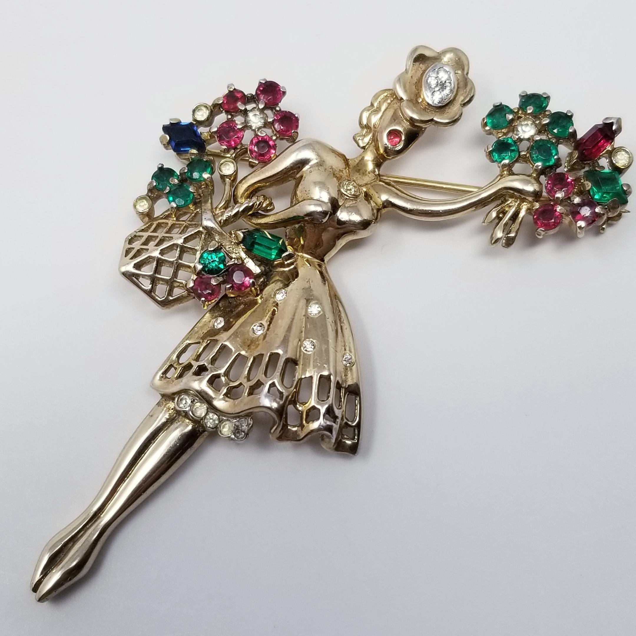 Trifari Crown 1947 Blumenmädchen Sterling Silber Brosche Pin mit Kristallen in Gold Damen