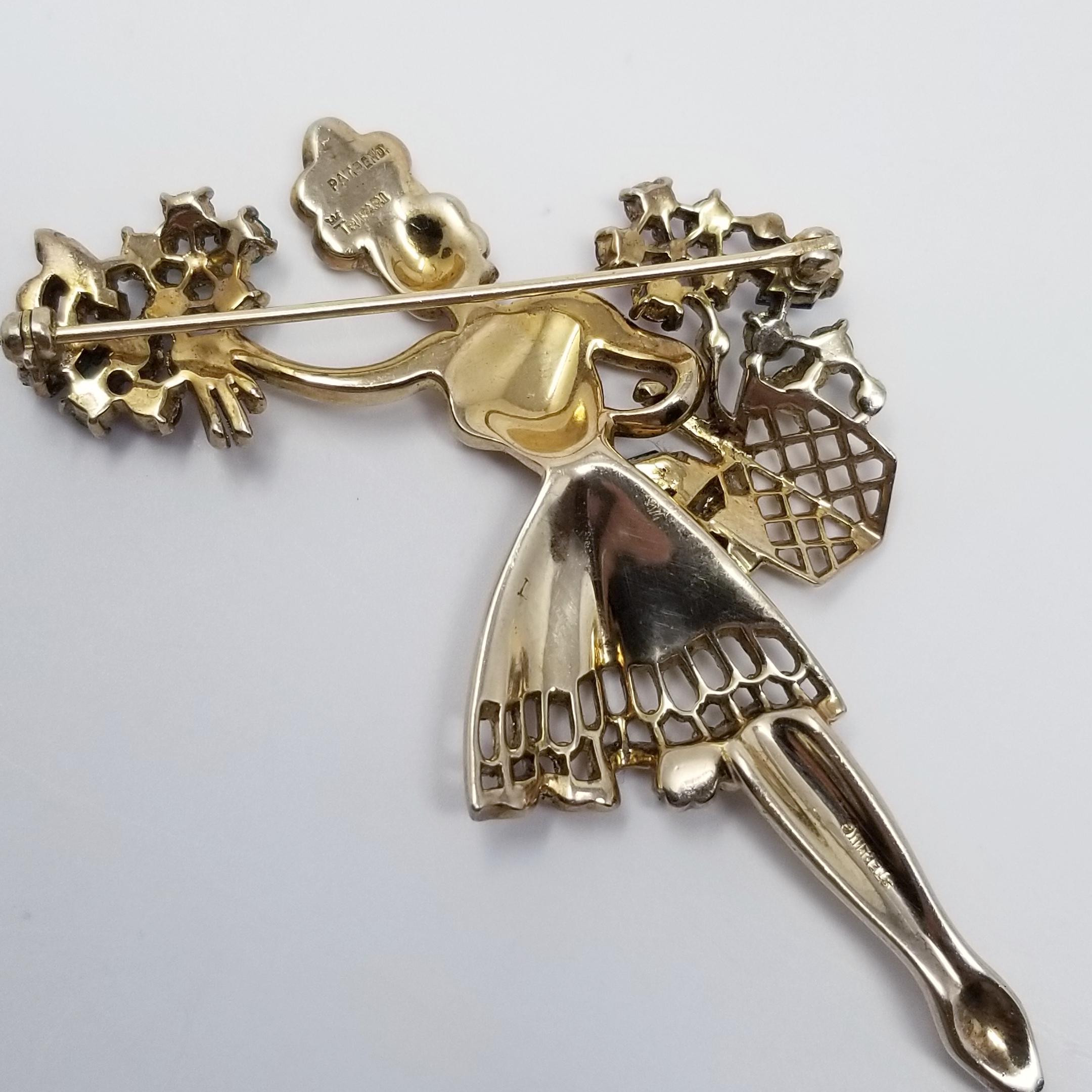Trifari Crown 1947 Blumenmädchen Sterling Silber Brosche Pin mit Kristallen in Gold 1