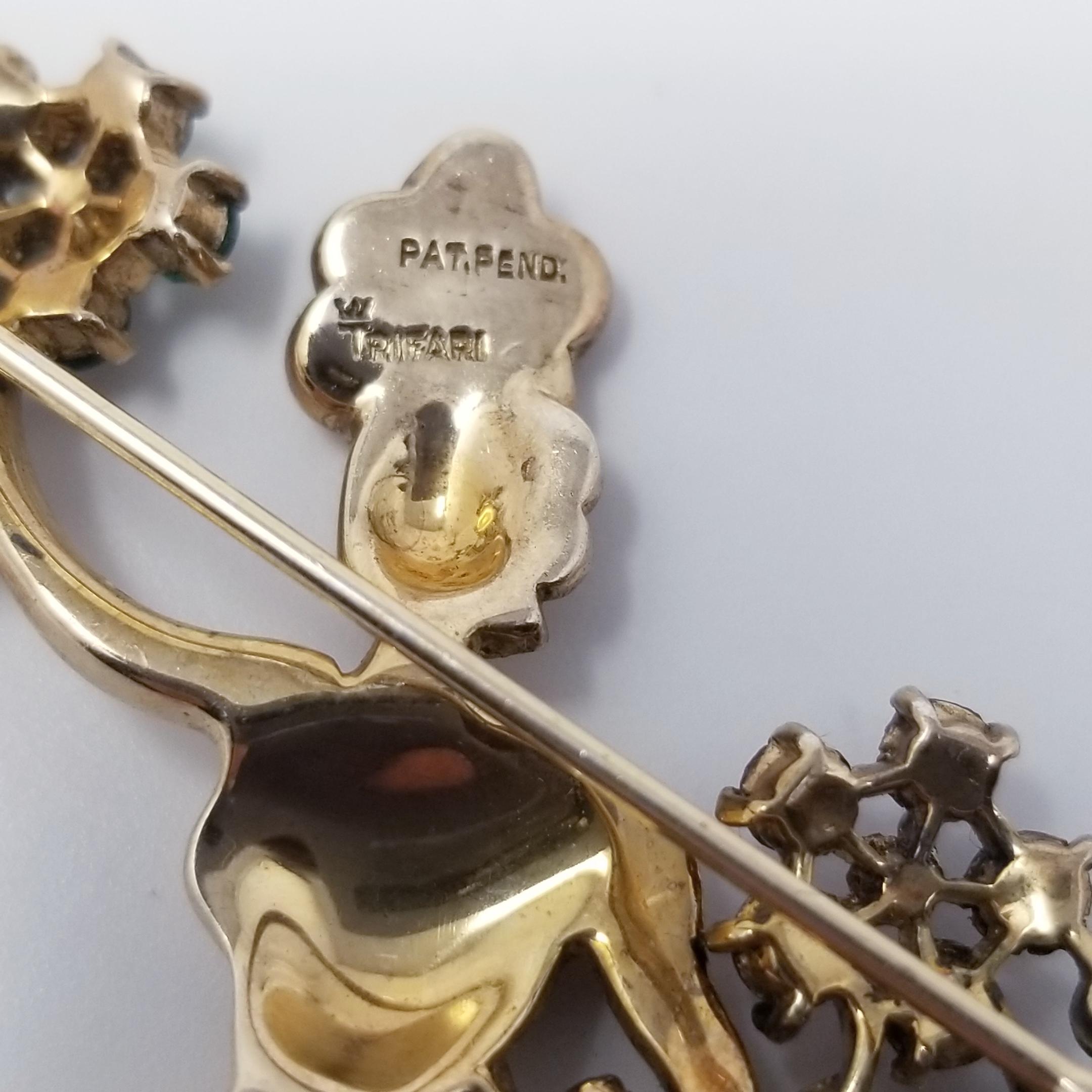 Trifari Crown 1947 Blumenmädchen Sterling Silber Brosche Pin mit Kristallen in Gold 3