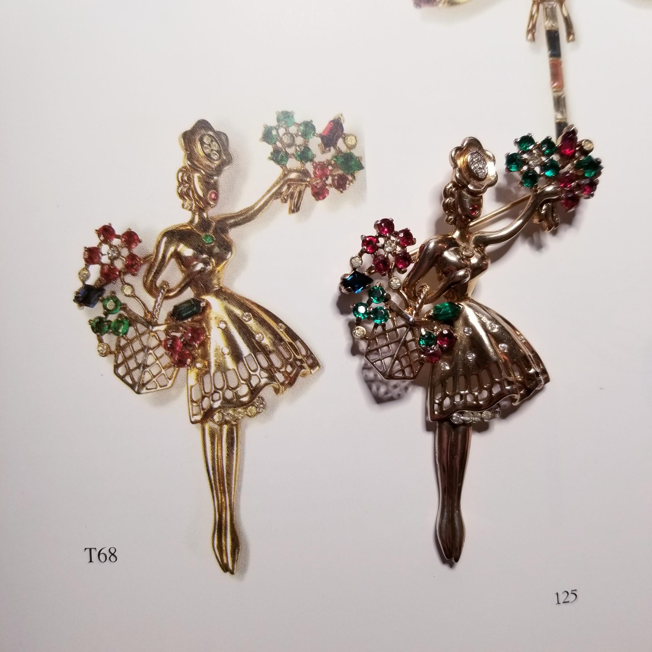Trifari Crown 1947 Blumenmädchen Sterling Silber Brosche Pin mit Kristallen in Gold 4