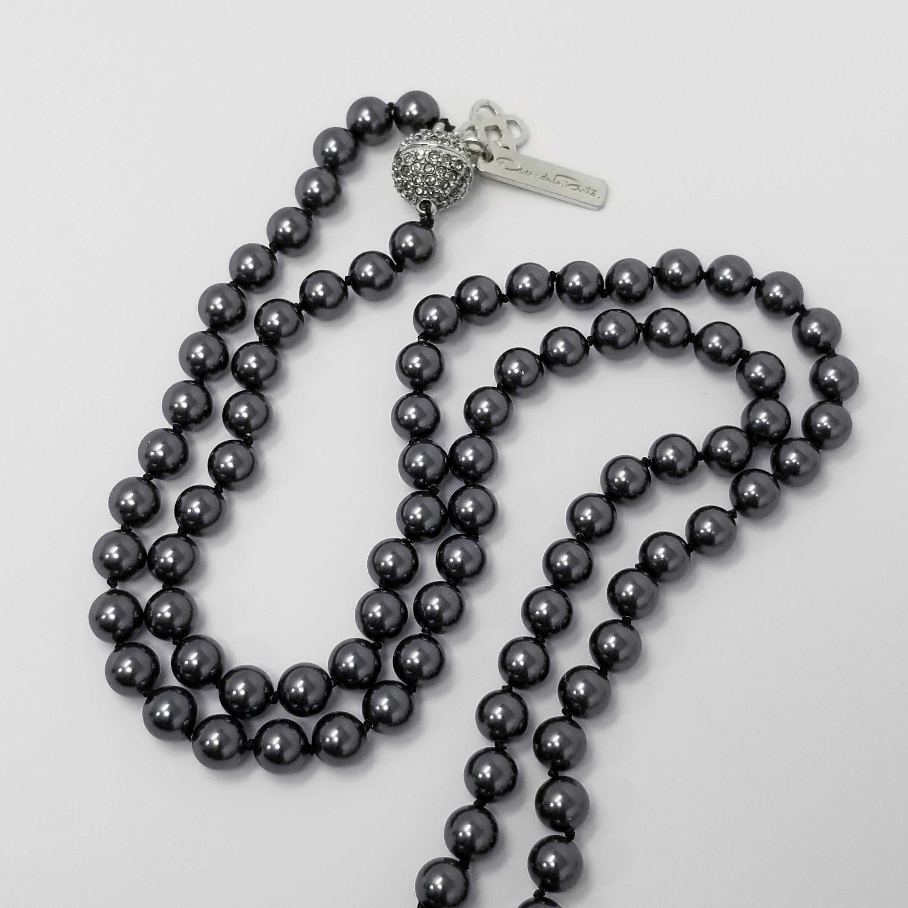 Modern Oscar de la Renta Dark Metallic Bead and Black & Clear Crystal Tassel Necklace For Sale