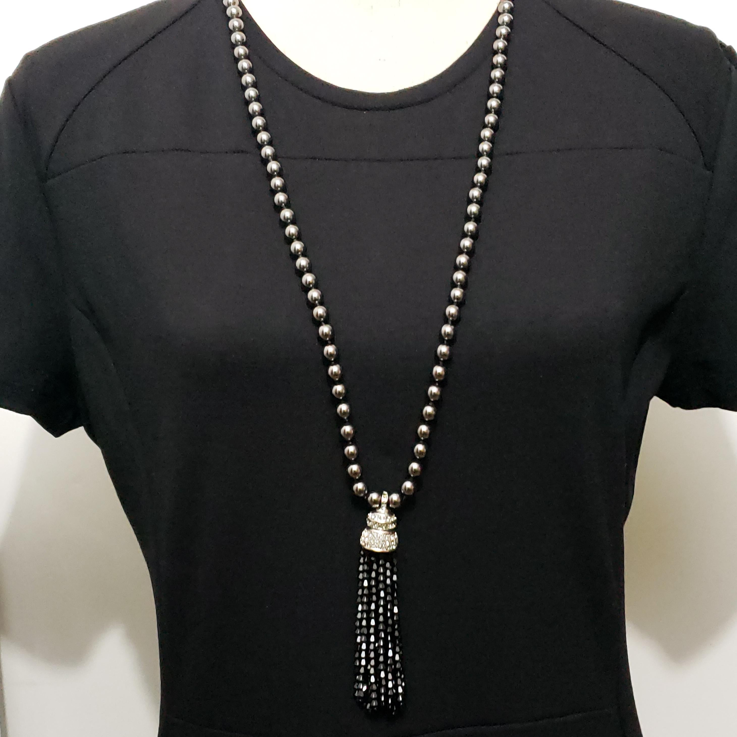 Women's Oscar de la Renta Dark Metallic Bead and Black & Clear Crystal Tassel Necklace For Sale