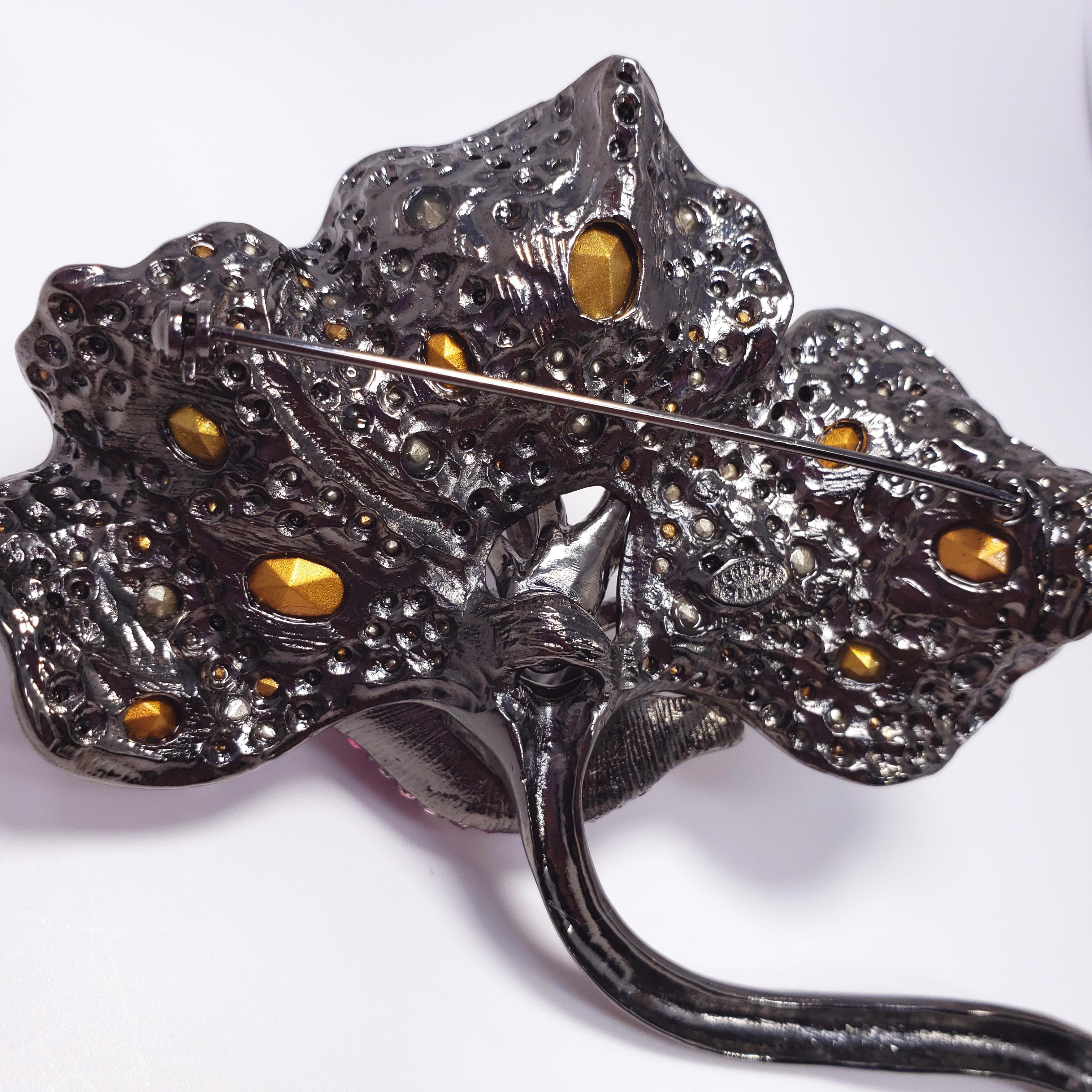 KJL Kenneth Jay Lane Pave Amethyst Colored Crystal Flower Brooch in Black Metal 1