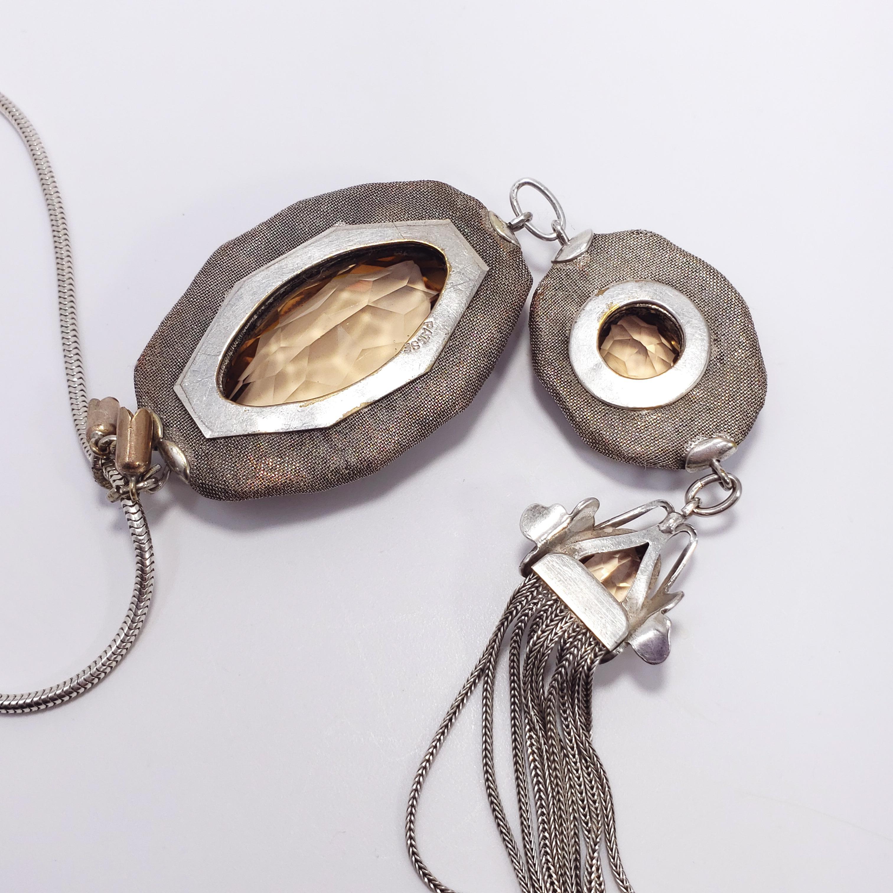 Antique Victorian Triple Drop & Tassel Pendant Necklace in Mesh Silver Setting For Sale 5