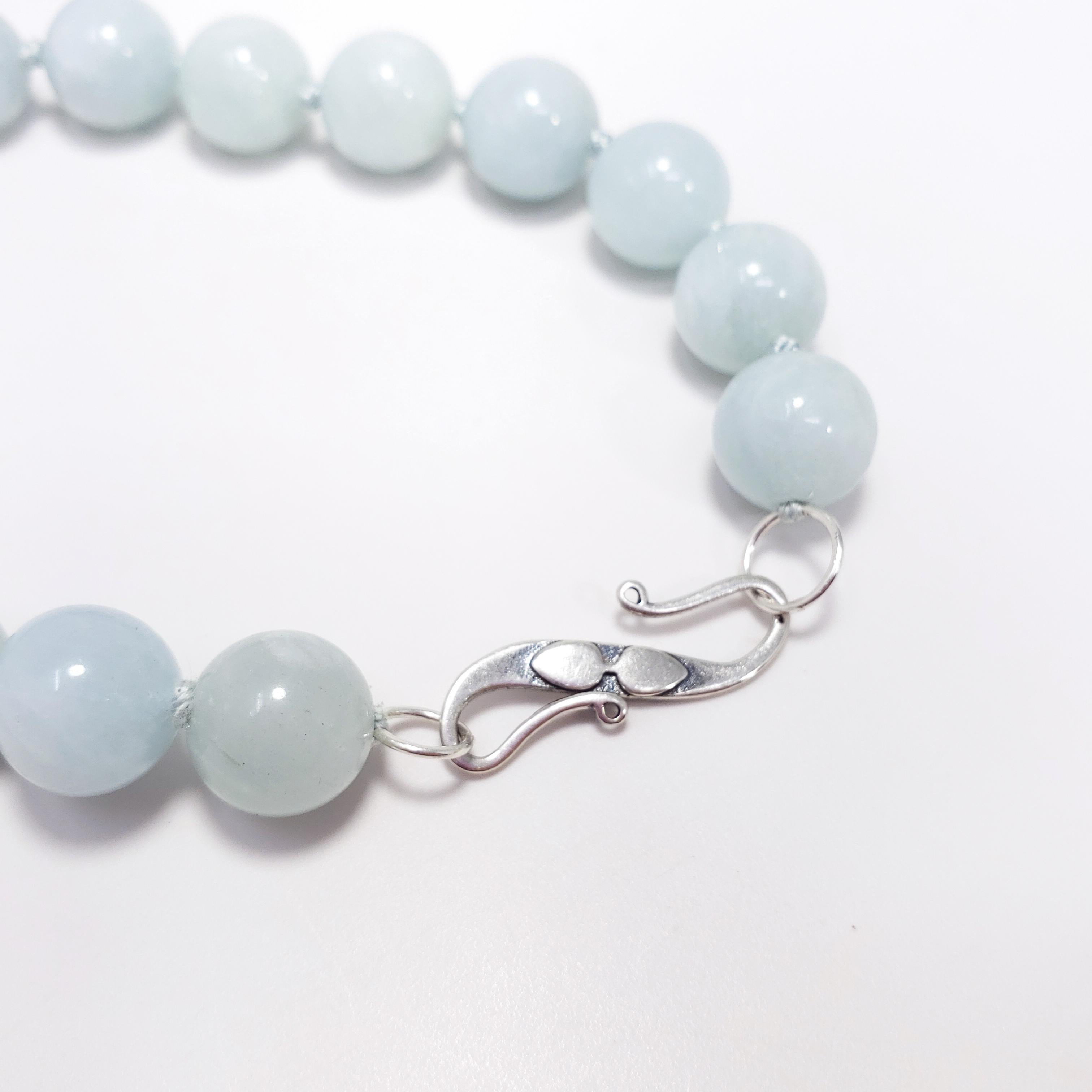 Round Cut Vintage Natural Aquamarine 10mm Bead Necklace with Sterling Silver Clasp For Sale