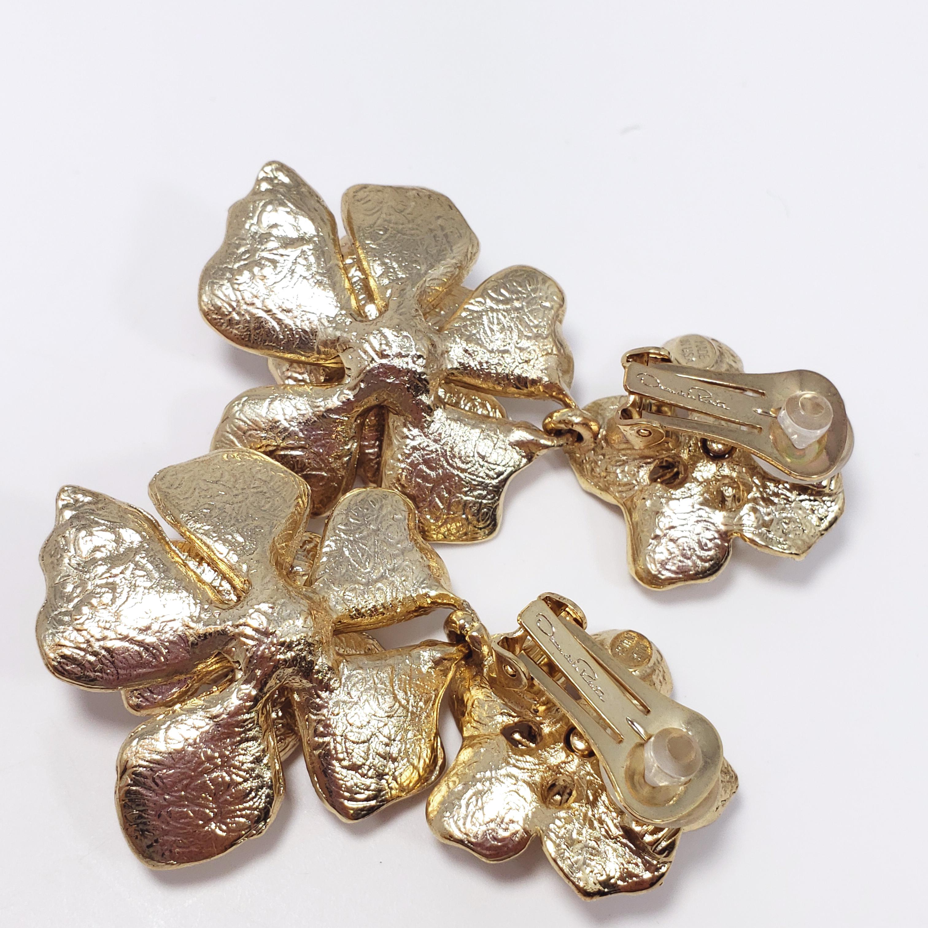 Oscar de la Renta Gold Bold Dangling Flower Drop Clip On Earrings 1