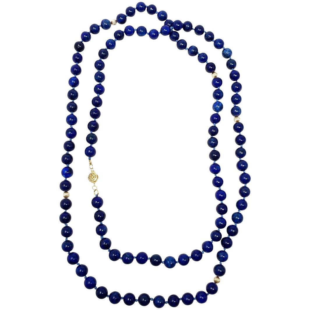 Vintage Long 54" Natural Lapis Lazuli Necklace 14k Gold Beads & 14k Clasp