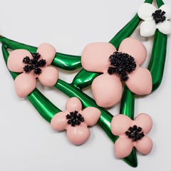 Oscar de la Renta Soft Pink Resin Green Enamel & Black Crystal Flower Necklace