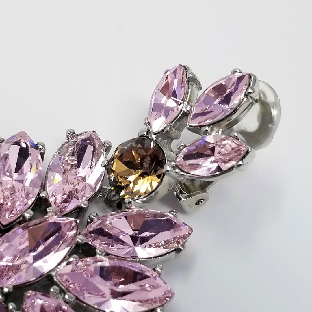 Women's Oscar de la Renta Pink Crystal Cluster Clip On Earrings Rhodium Plated