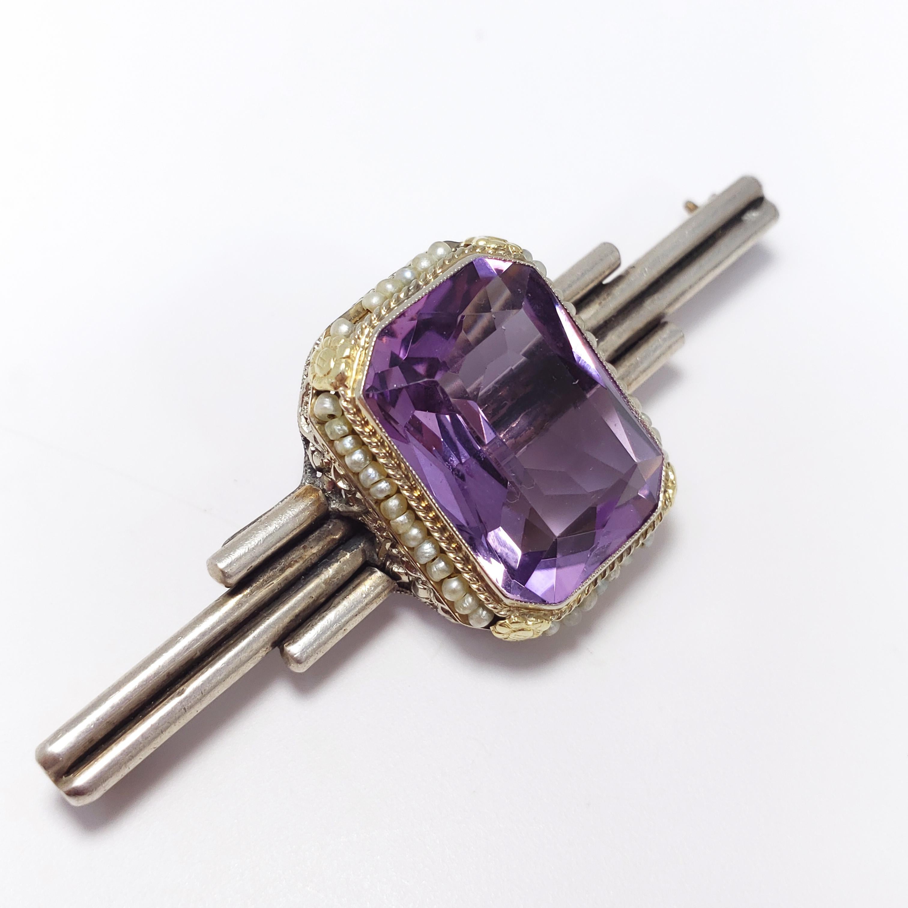 Hexagon Cut Antique Victorian Art Deco Amethyst & Seeded Pearl Sterling Silver Brooch / Pin  For Sale