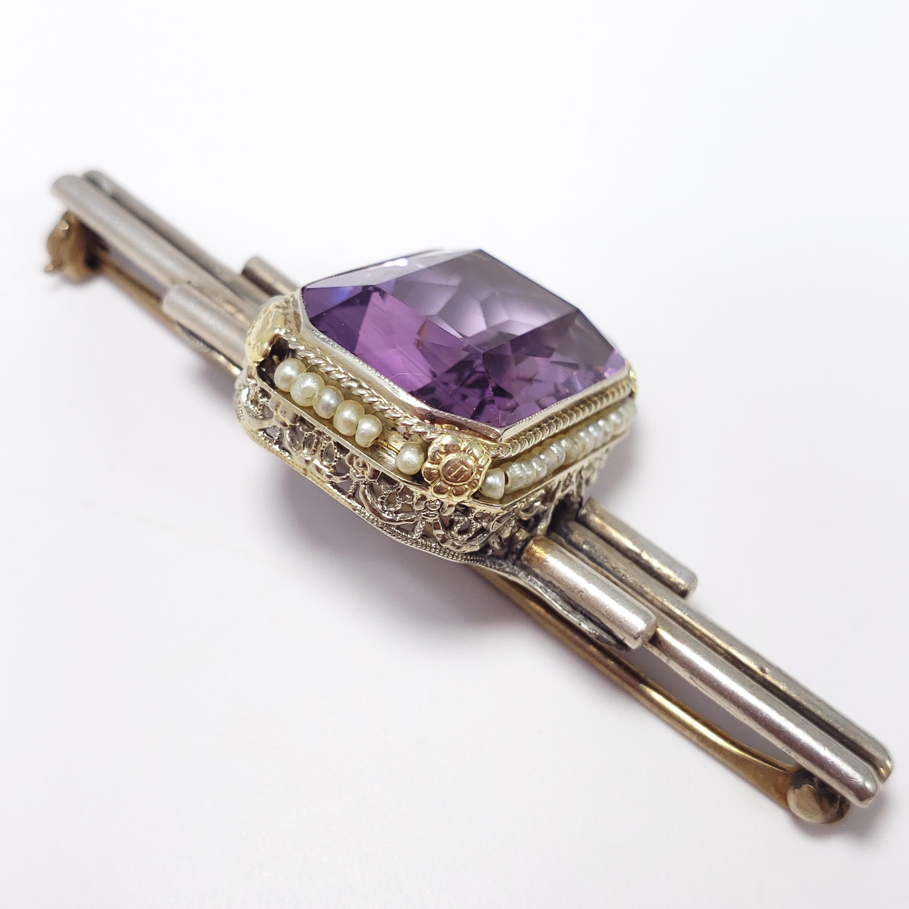 Antique Victorian Art Deco Amethyst & Seeded Pearl Sterling Silver Brooch / Pin  In Good Condition For Sale In Milford, DE