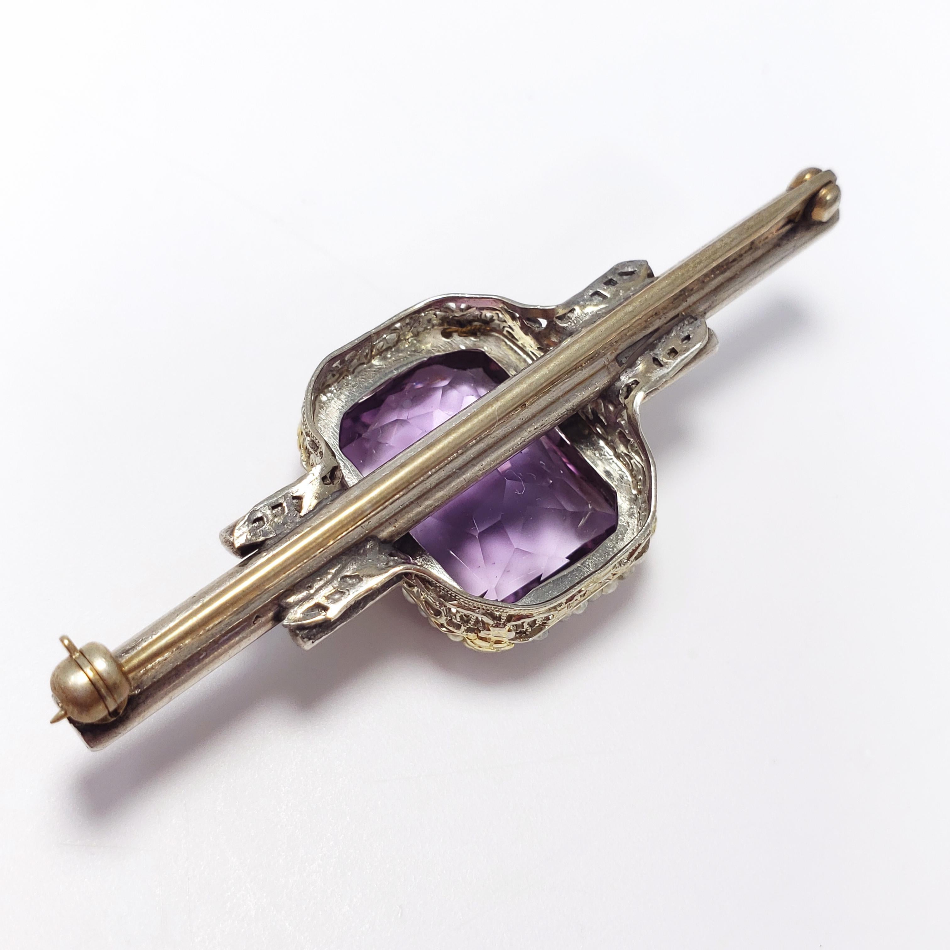 Women's Antique Victorian Art Deco Amethyst & Seeded Pearl Sterling Silver Brooch / Pin  For Sale
