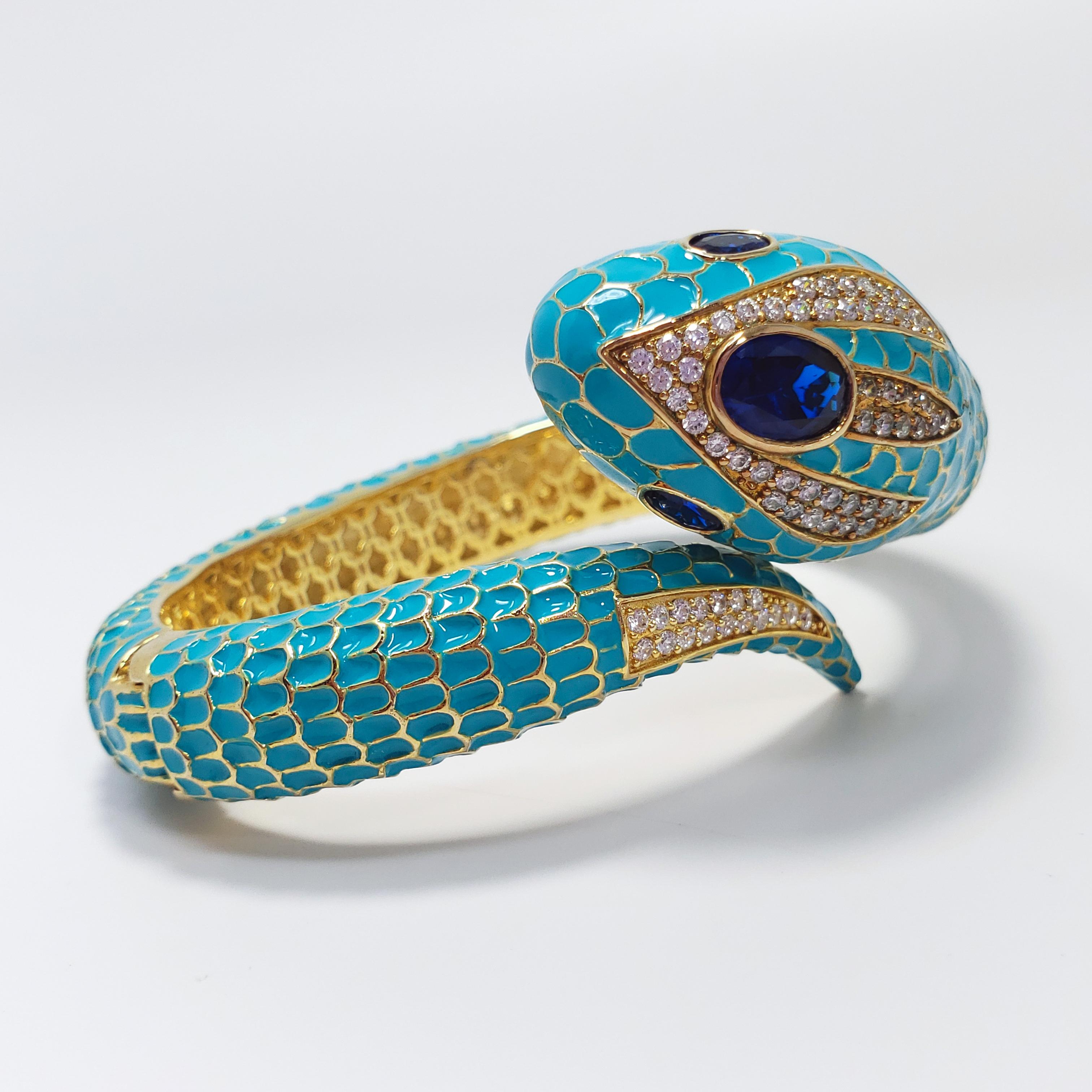 Women's CZ by Kenneth Jay Lane KJL Cubic Zirconia Turquoise Coiled Snake Bangle Bracelet