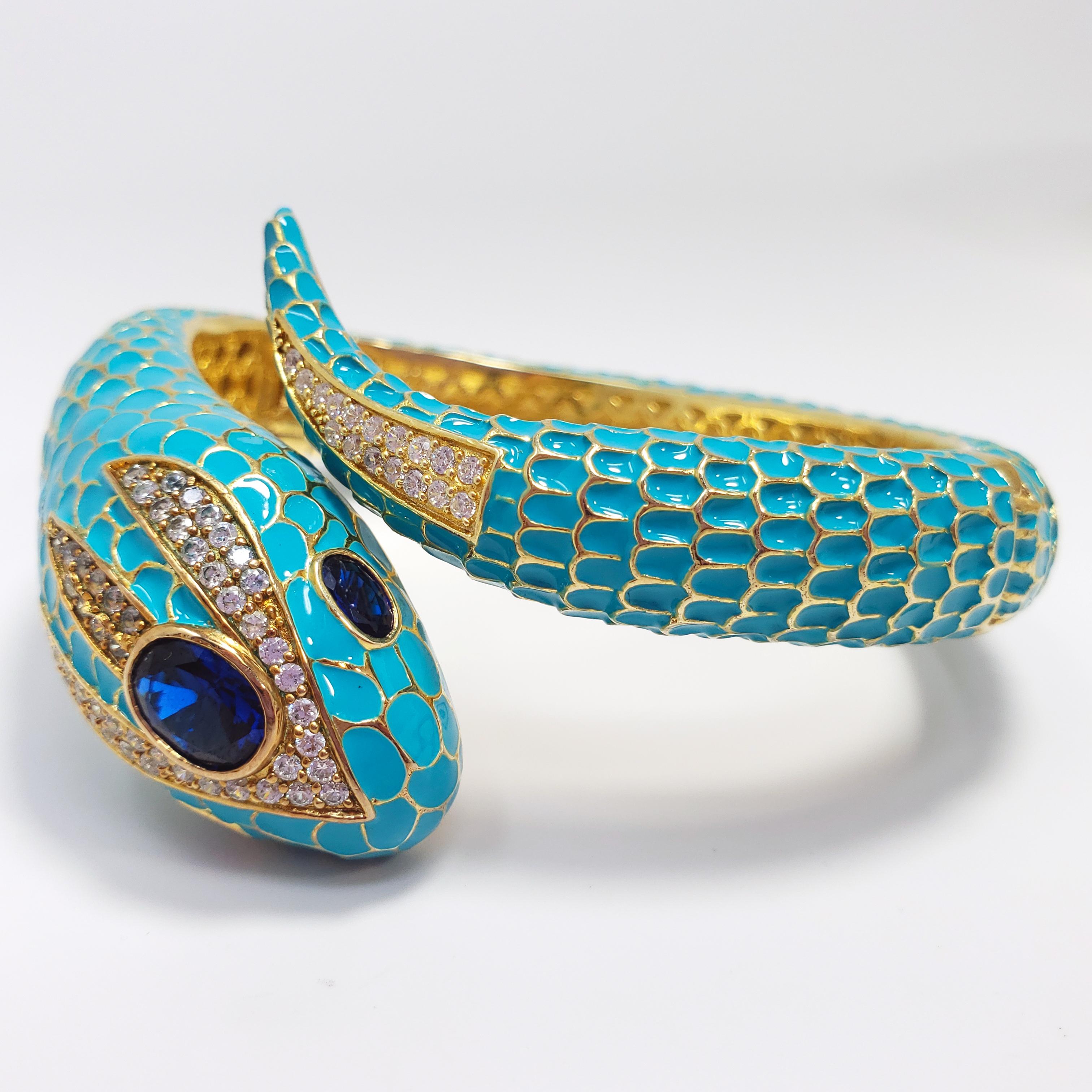 CZ by Kenneth Jay Lane KJL Cubic Zirconia Turquoise Coiled Snake Bangle Bracelet In New Condition In Milford, DE