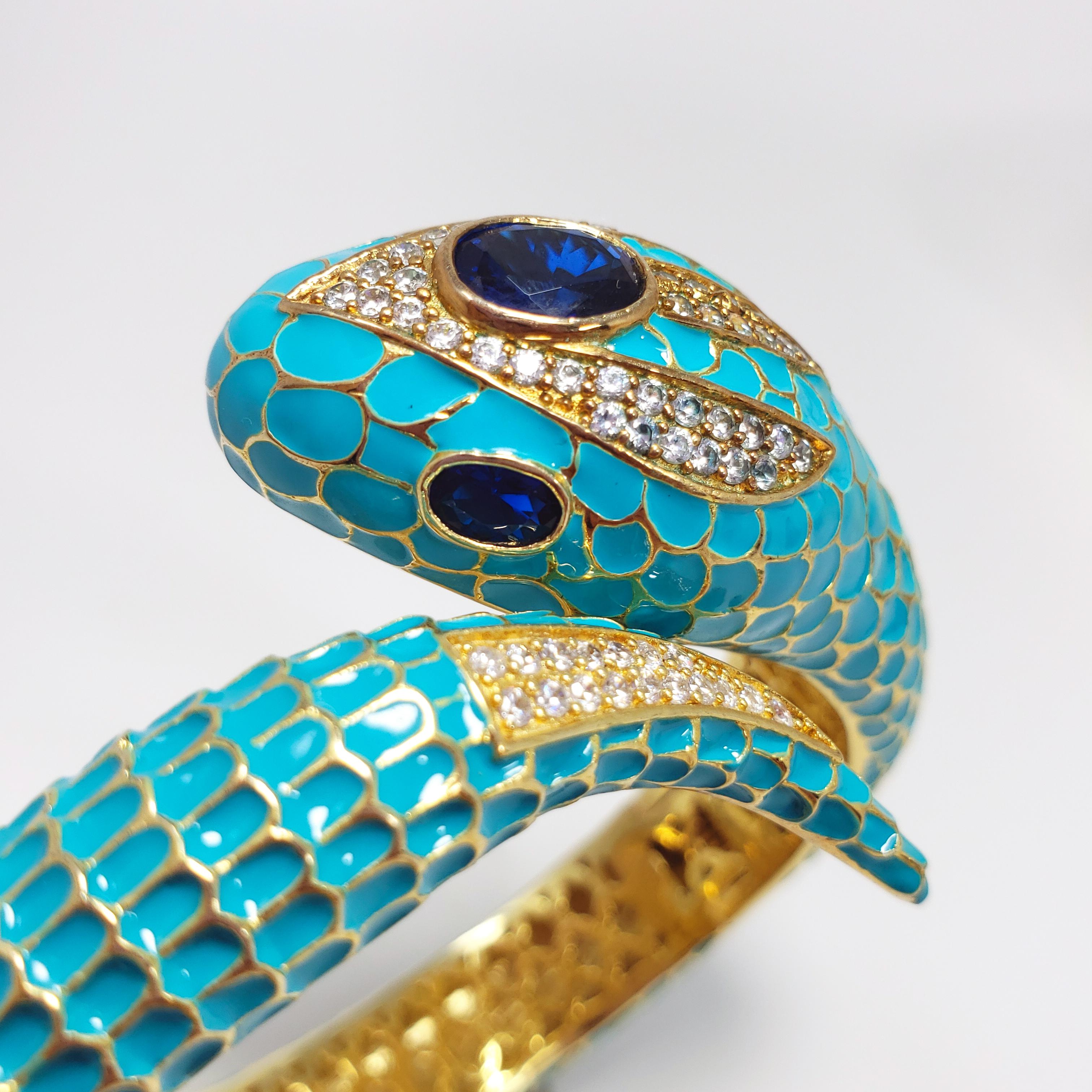 CZ by Kenneth Jay Lane KJL Cubic Zirconia Turquoise Coiled Snake Bangle Bracelet 2