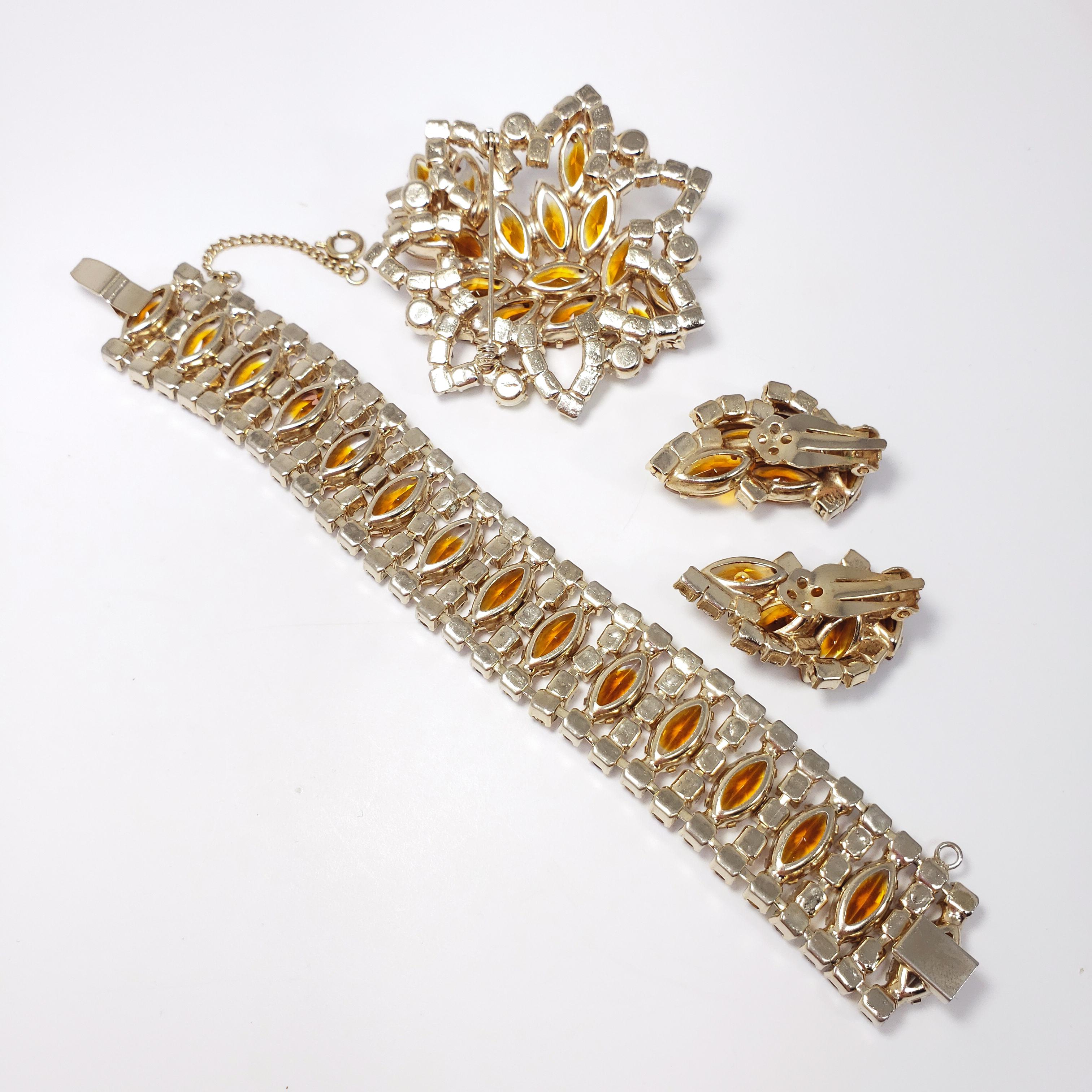 Marquise Cut Vintage Demi Parure Aurora Borealis & Amber Crystals Earrings Bracelet Necklace For Sale