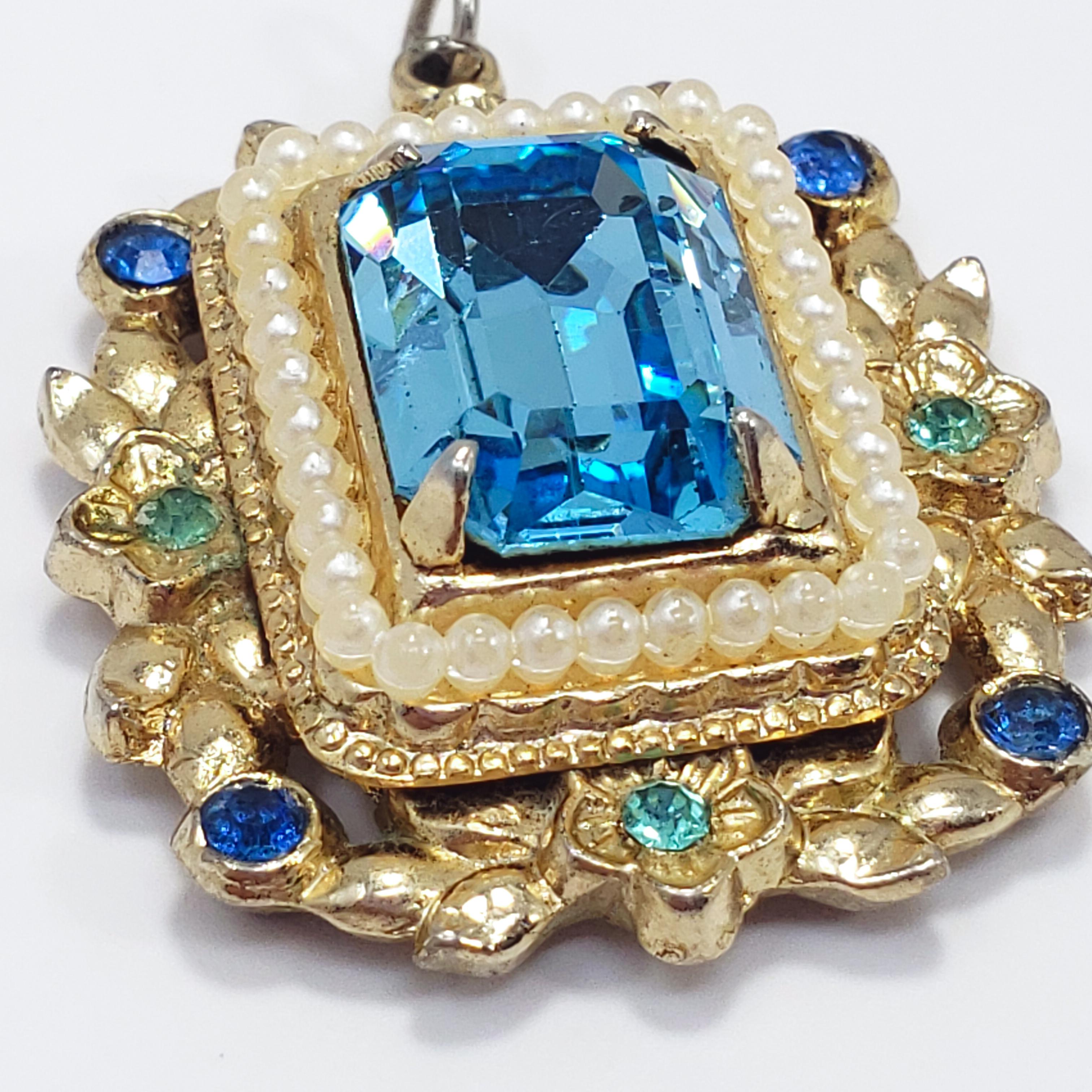 Retro Coro Aquamarine Crystal & Faux Pearl Pendant in Gold, Circa Mid 1900s