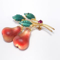 Austrian Collector's Art Glass Floral Pear Pin/Brooch w Crystals in Gold, 1940s