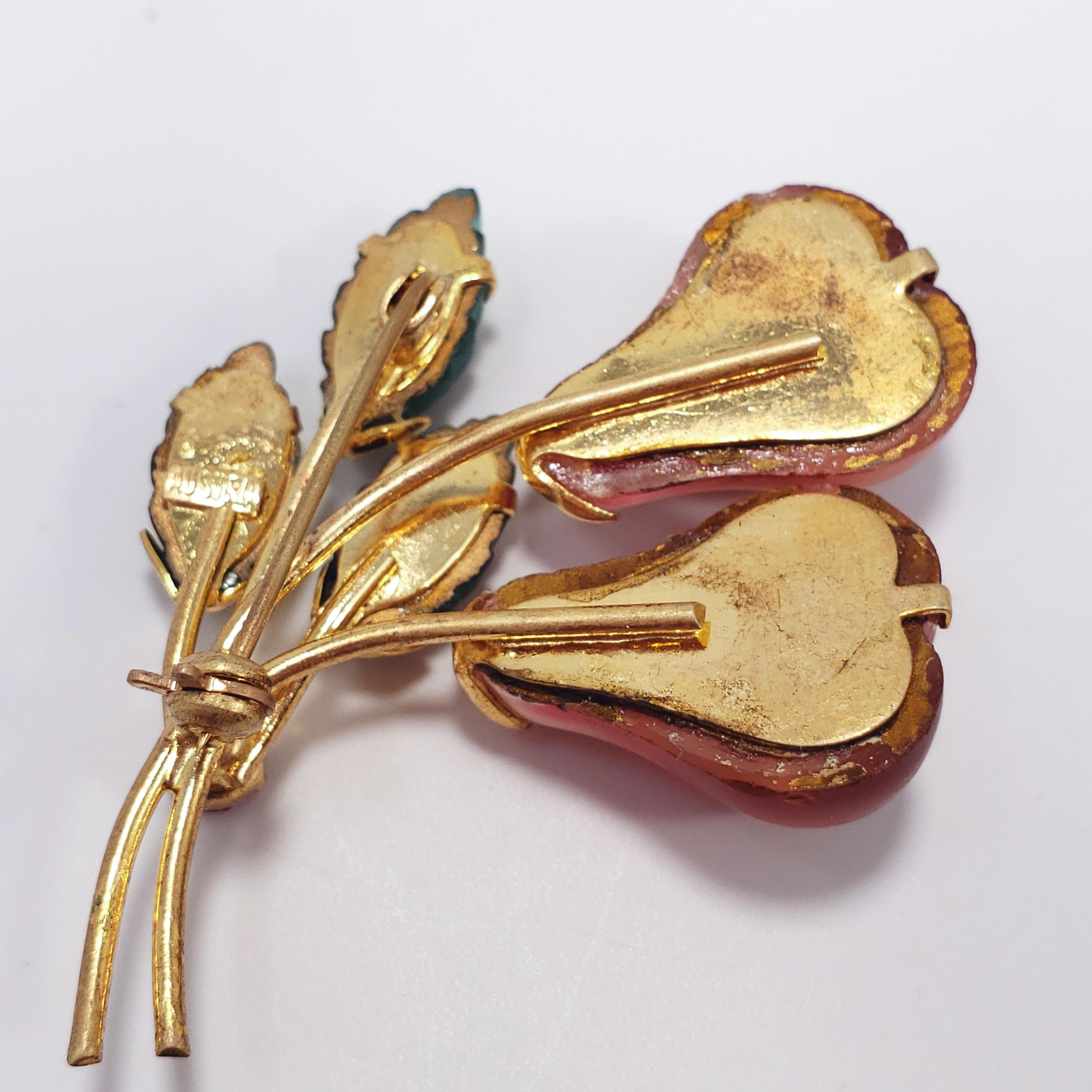 Women's or Men's Austrian Collector's Art Glass Floral Pear Pin/Brooch w Crystals in Gold, 1940s For Sale