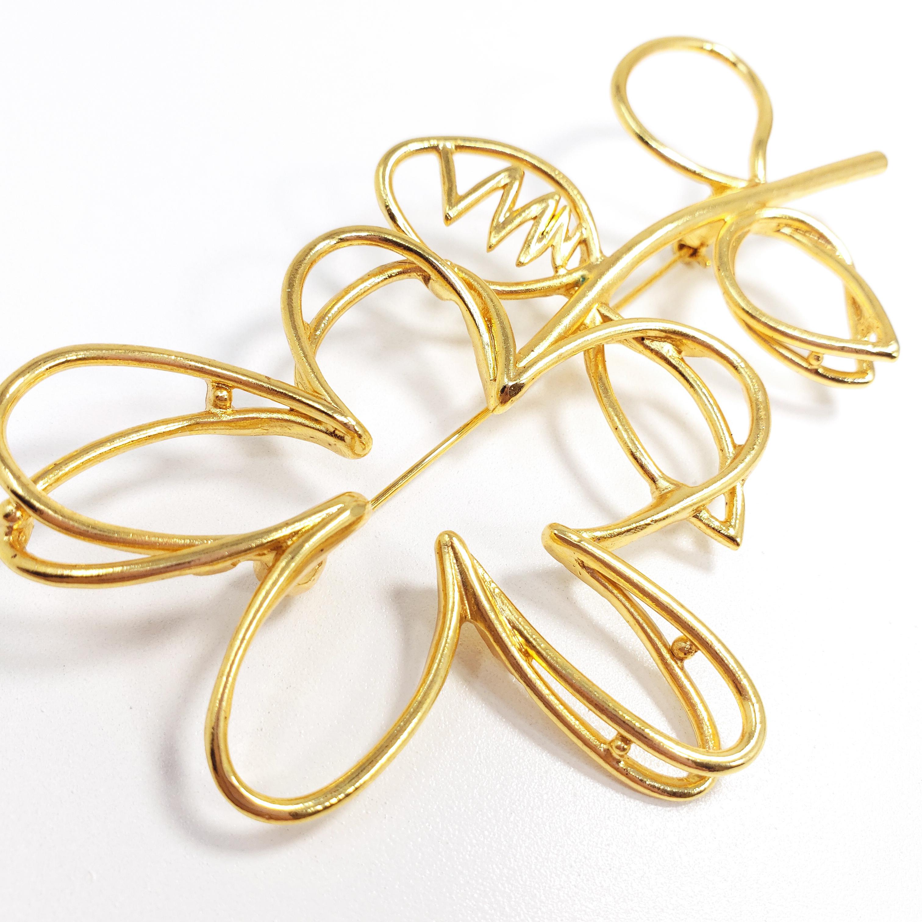 Modern Oscar de la Renta Botanical Scribble Flower Brooch Pin in Gold