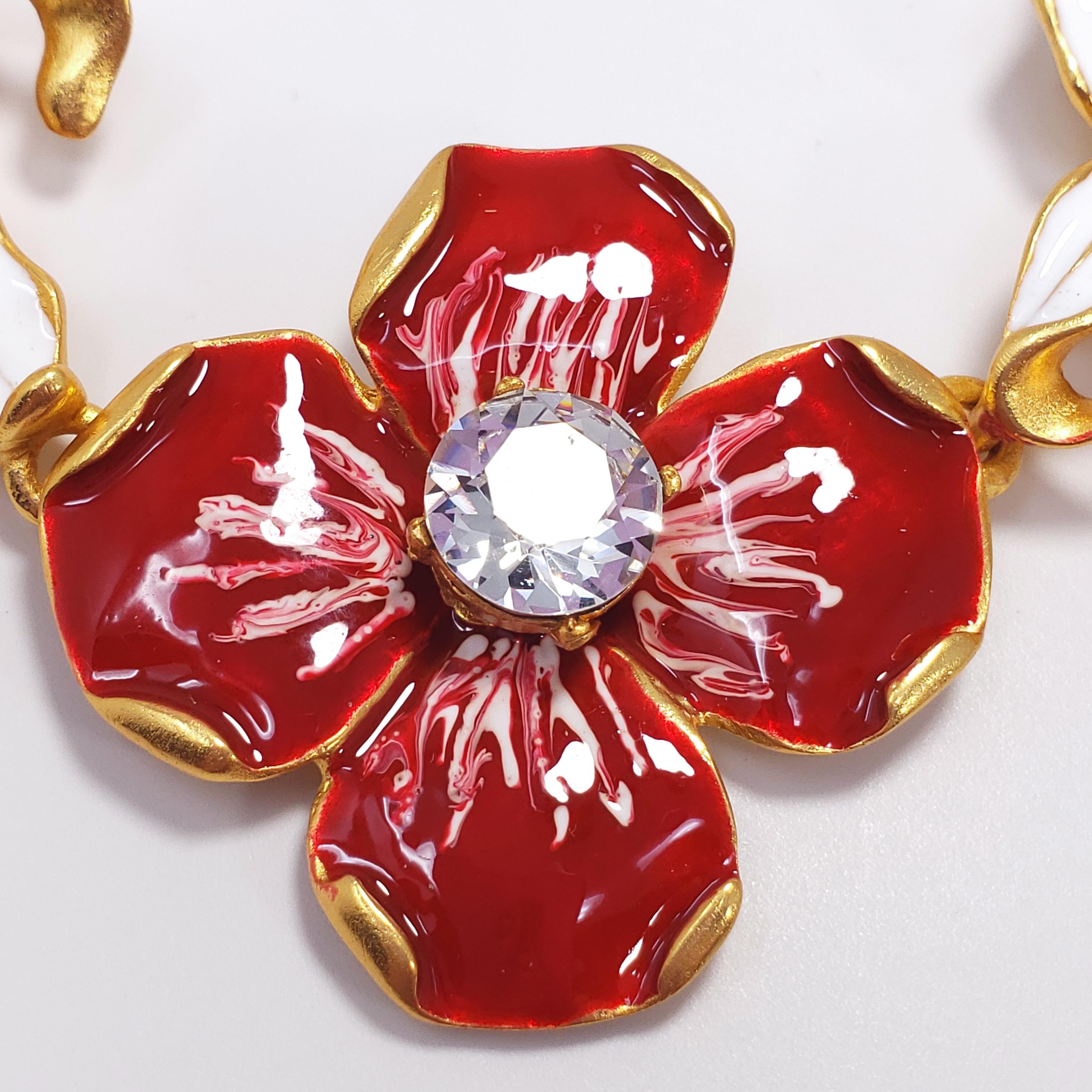 Women's KJL Kenneth Jay Lane Flower Necklace Red White Enamel Faux Pearl & Crystals