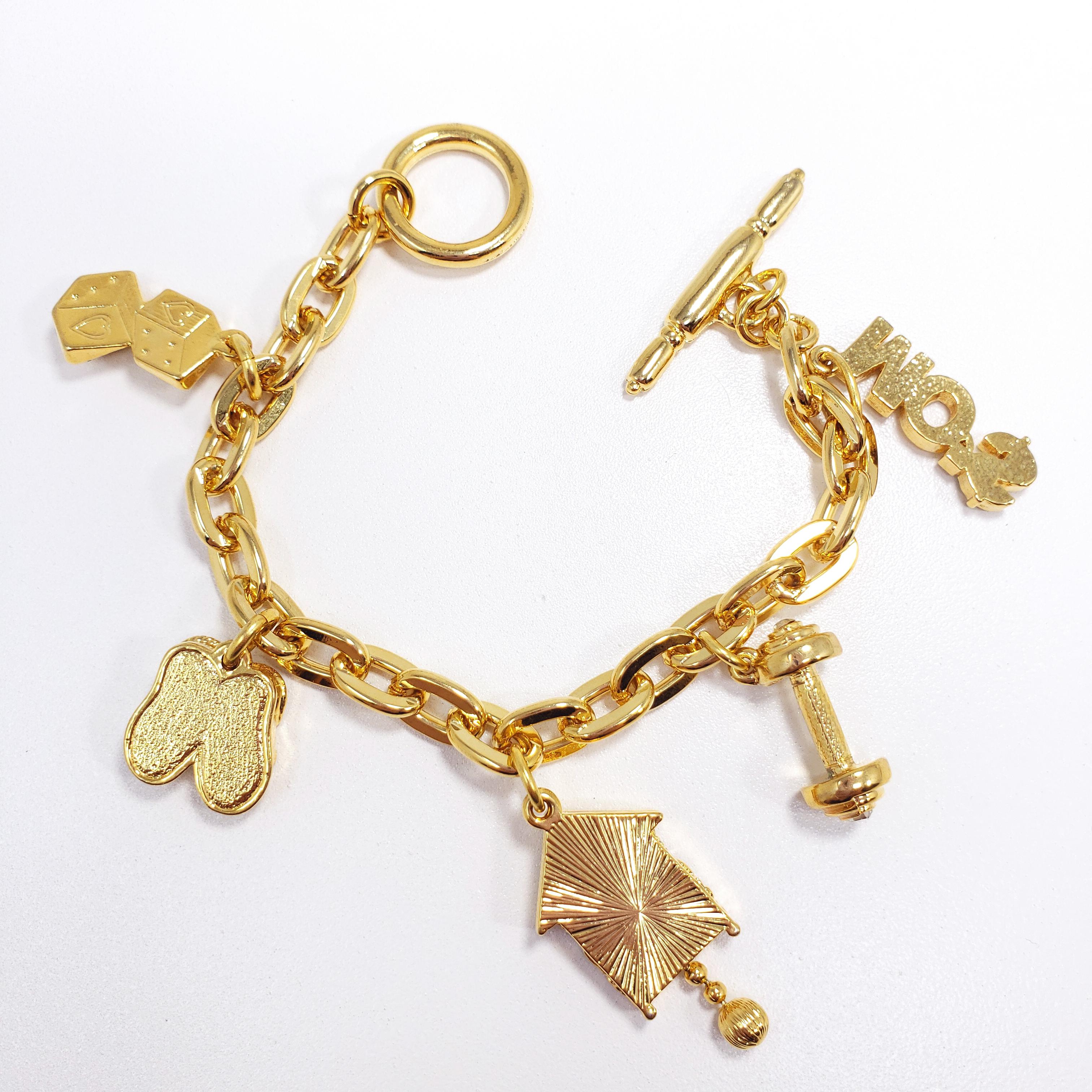 Round Cut KJL Kenneth Jay Lane Chain Link Five Charm Bracelet, with Toggle Clasp, in Gold For Sale