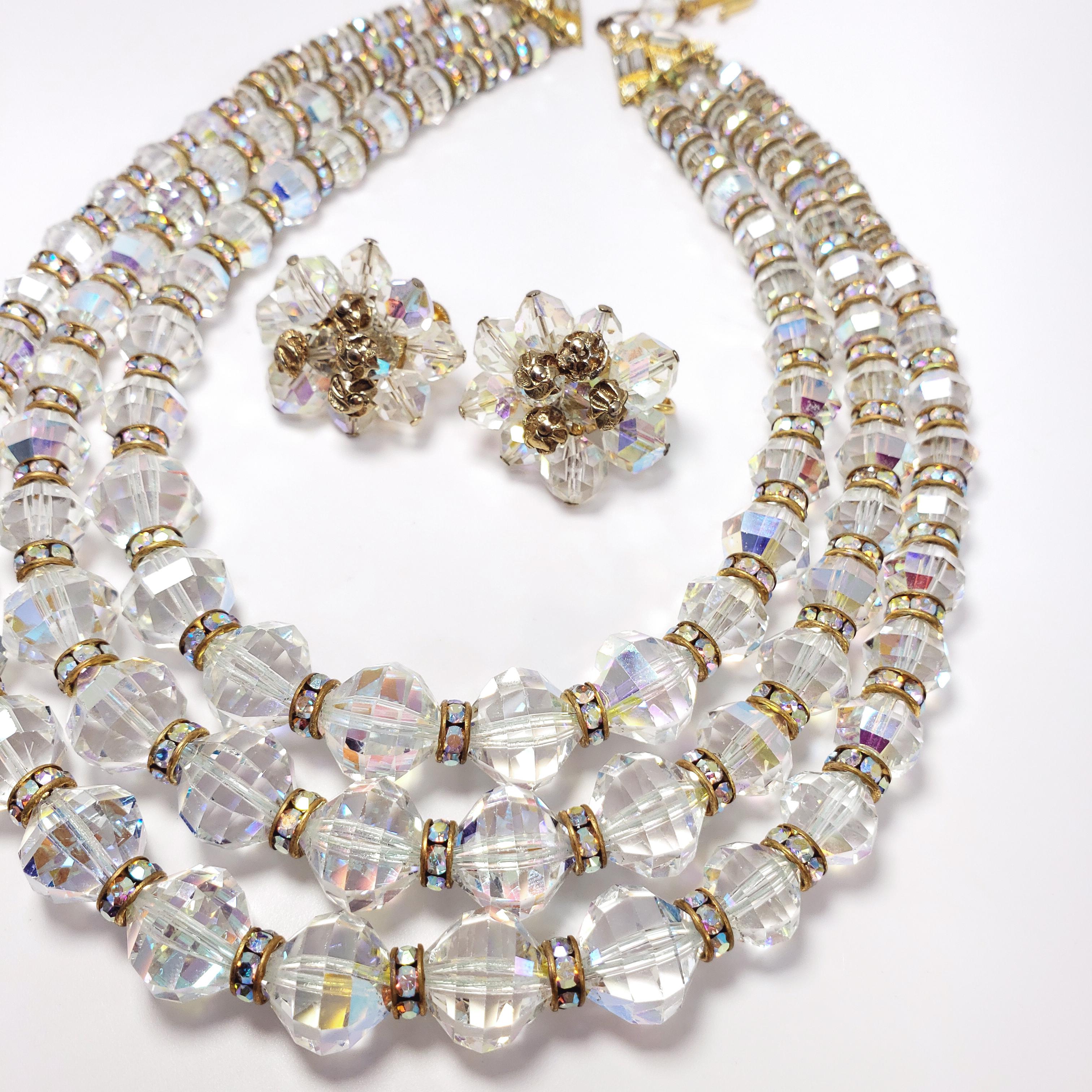 Details about   Italian Design Aurora Borealis AB Faceted Crystal 3 PC Necklace Earring Set 