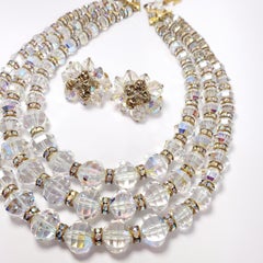Vendome Aurora Borealis Crystal Demi Parure Three Strand Necklace and Earrings