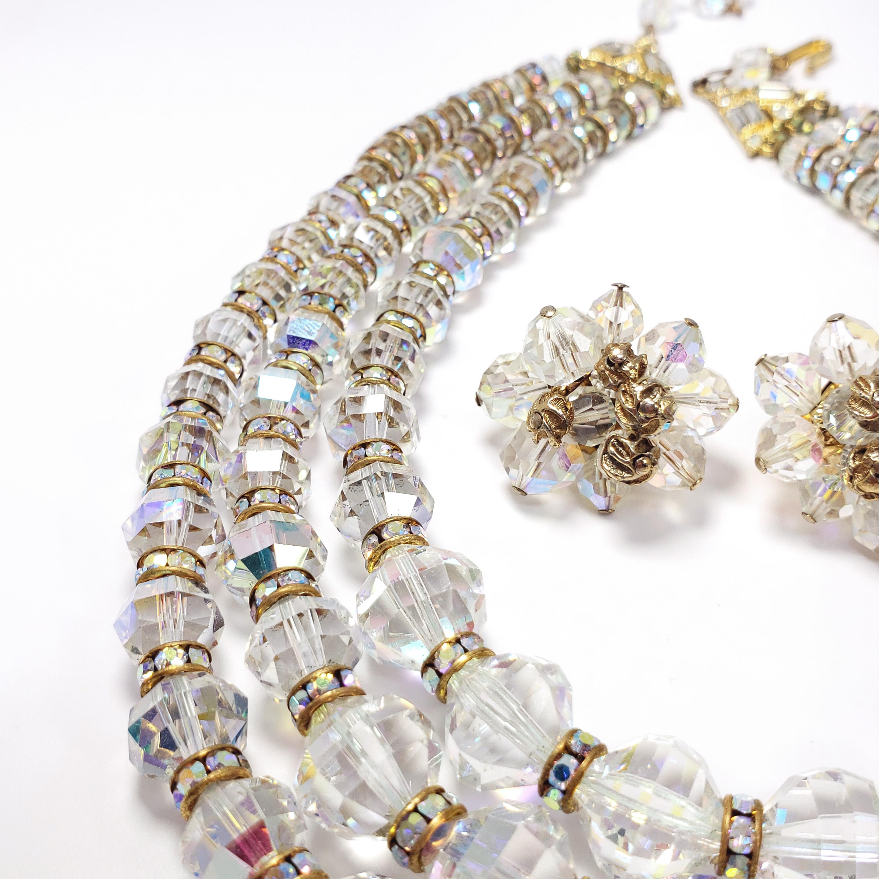 Vendome Aurora Borealis Crystal Demi Parure Three Strand Necklace and Earrings In Good Condition In Milford, DE