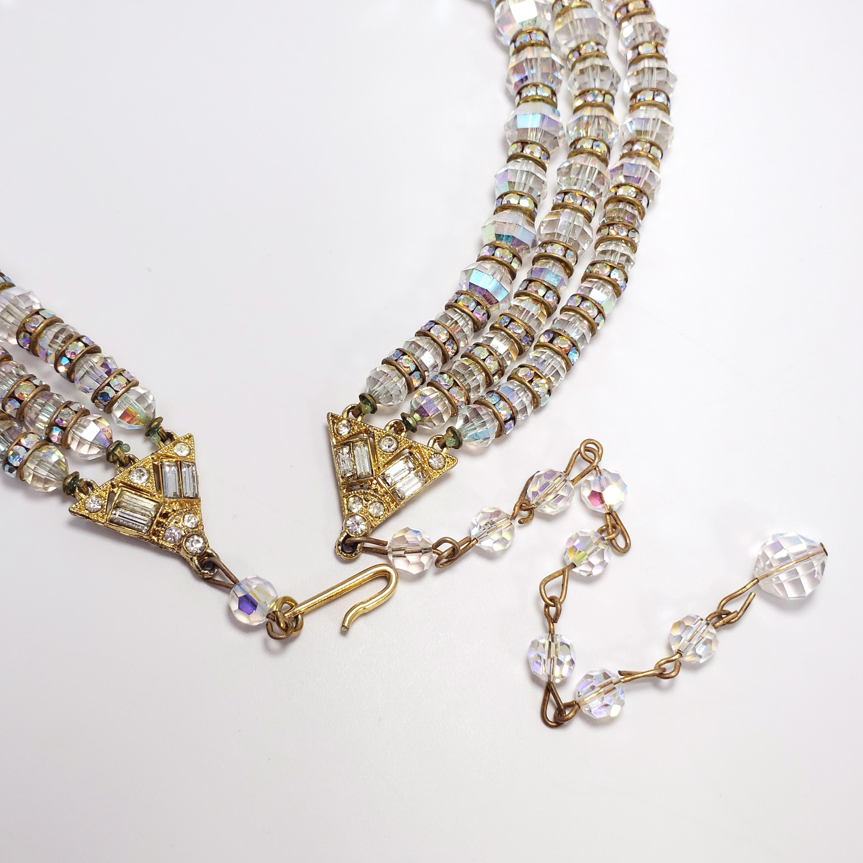 Women's or Men's Vendome Aurora Borealis Crystal Demi Parure Three Strand Necklace and Earrings