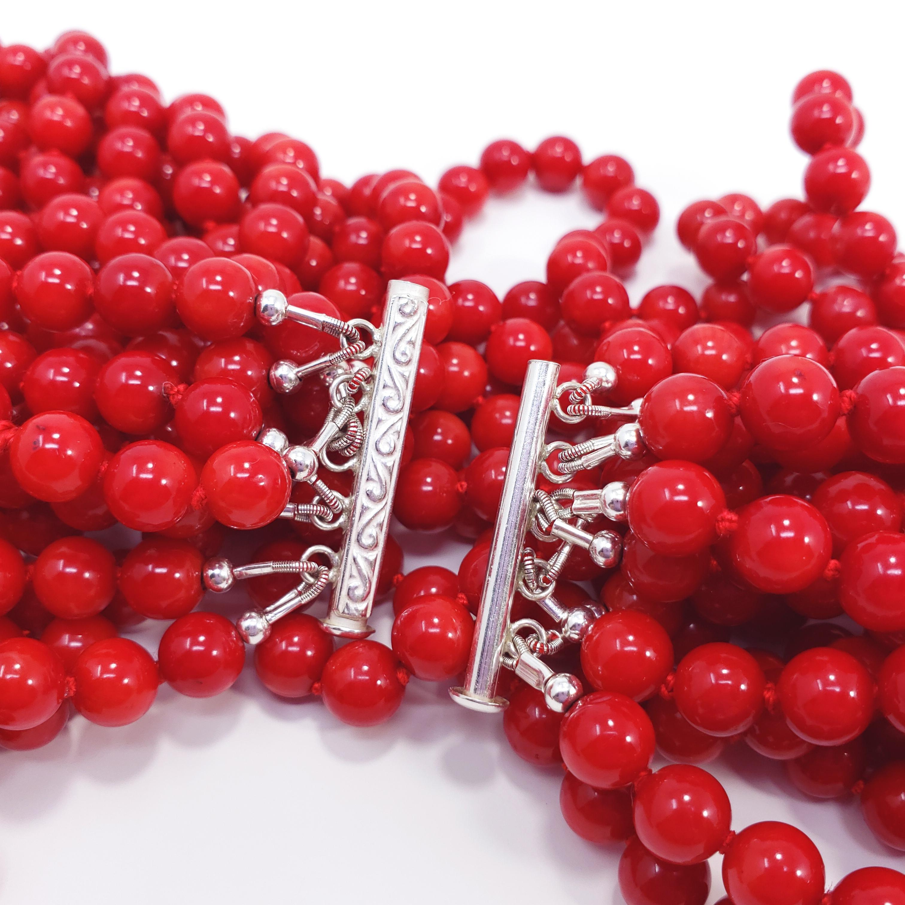 10 Strand Genuine Red Coral 7mm Bead Necklace with Sterling Silver Sliding Clasp 1
