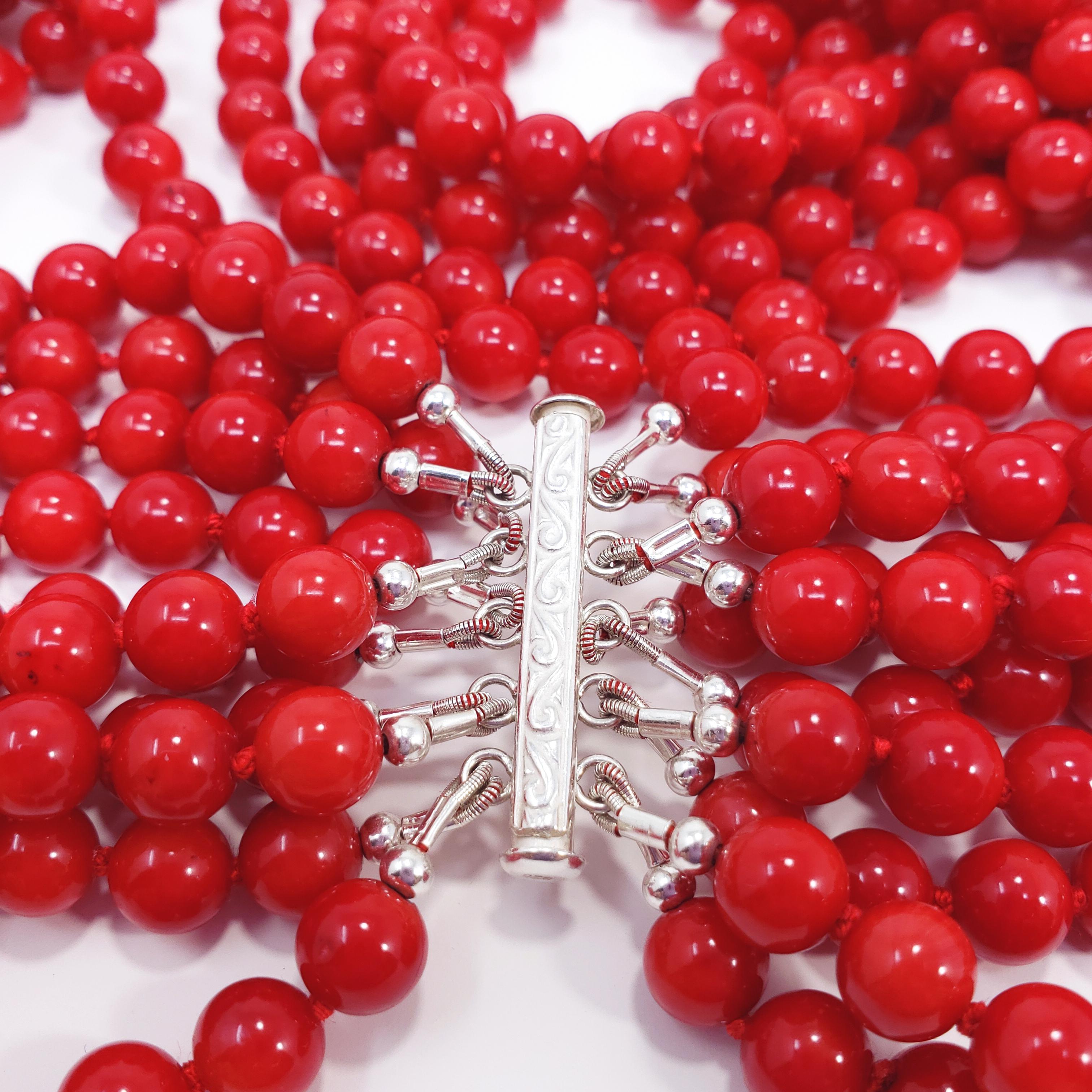 Women's 10 Strand Genuine Red Coral 7mm Bead Necklace with Sterling Silver Sliding Clasp