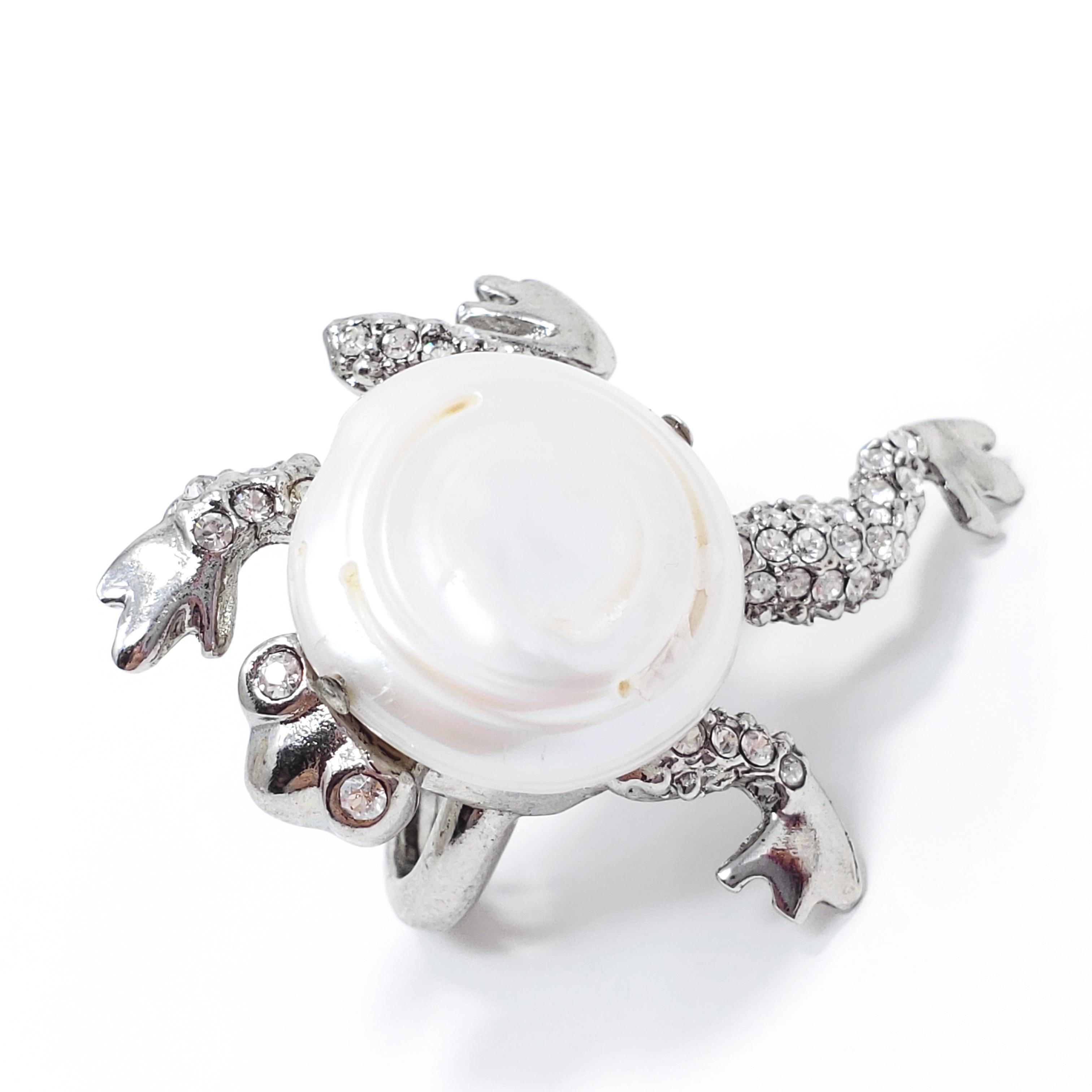 Women's Oscar de la Renta Mother of Pearl, Pave Crystal, Rhodium Plated Frog Ring