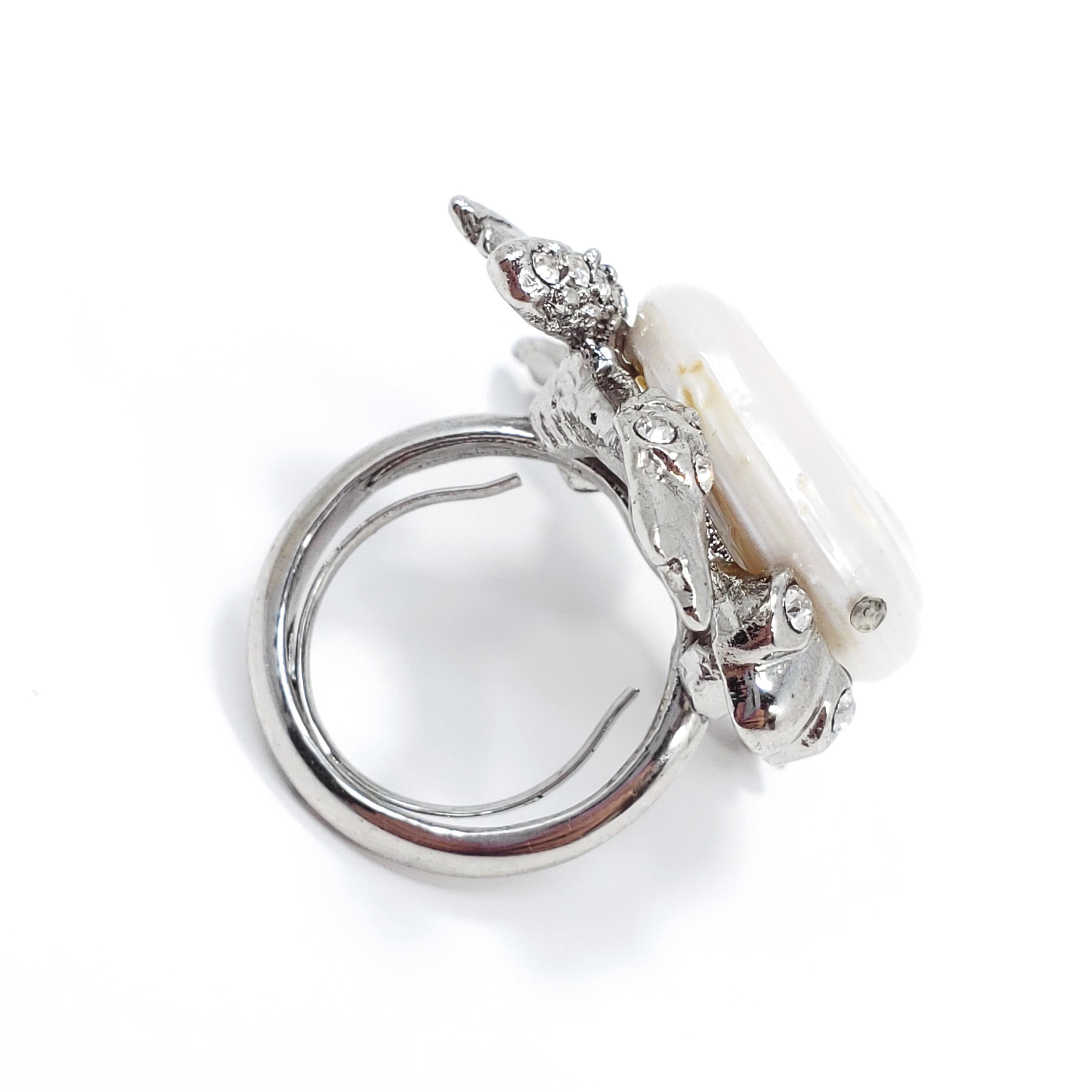 Oscar de la Renta Mother of Pearl, Pave Crystal, Rhodium Plated Frog Ring 2