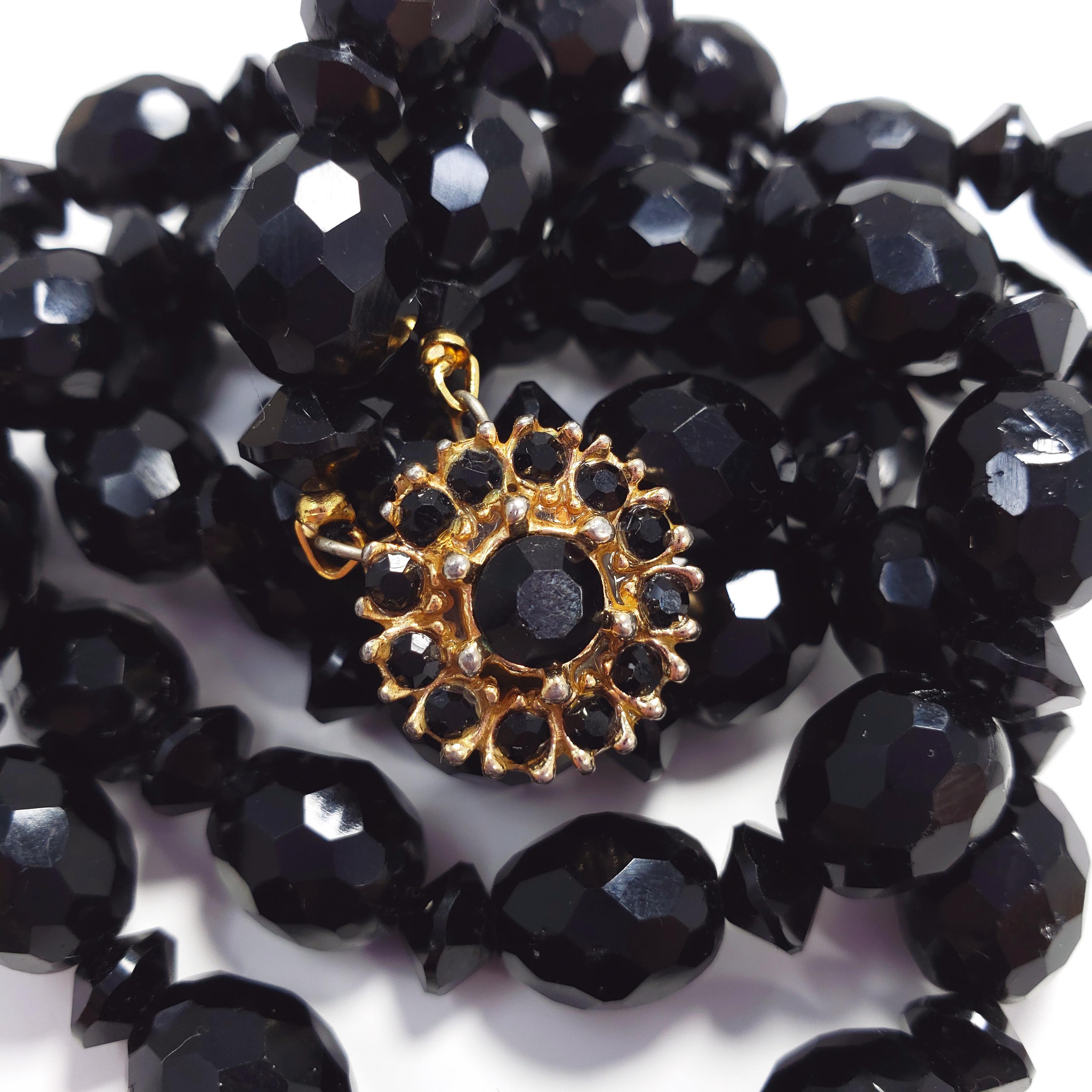 Women's Bergere Black Faceted Jet Double Strand Necklace, Gold Plated Clasp, 1960s