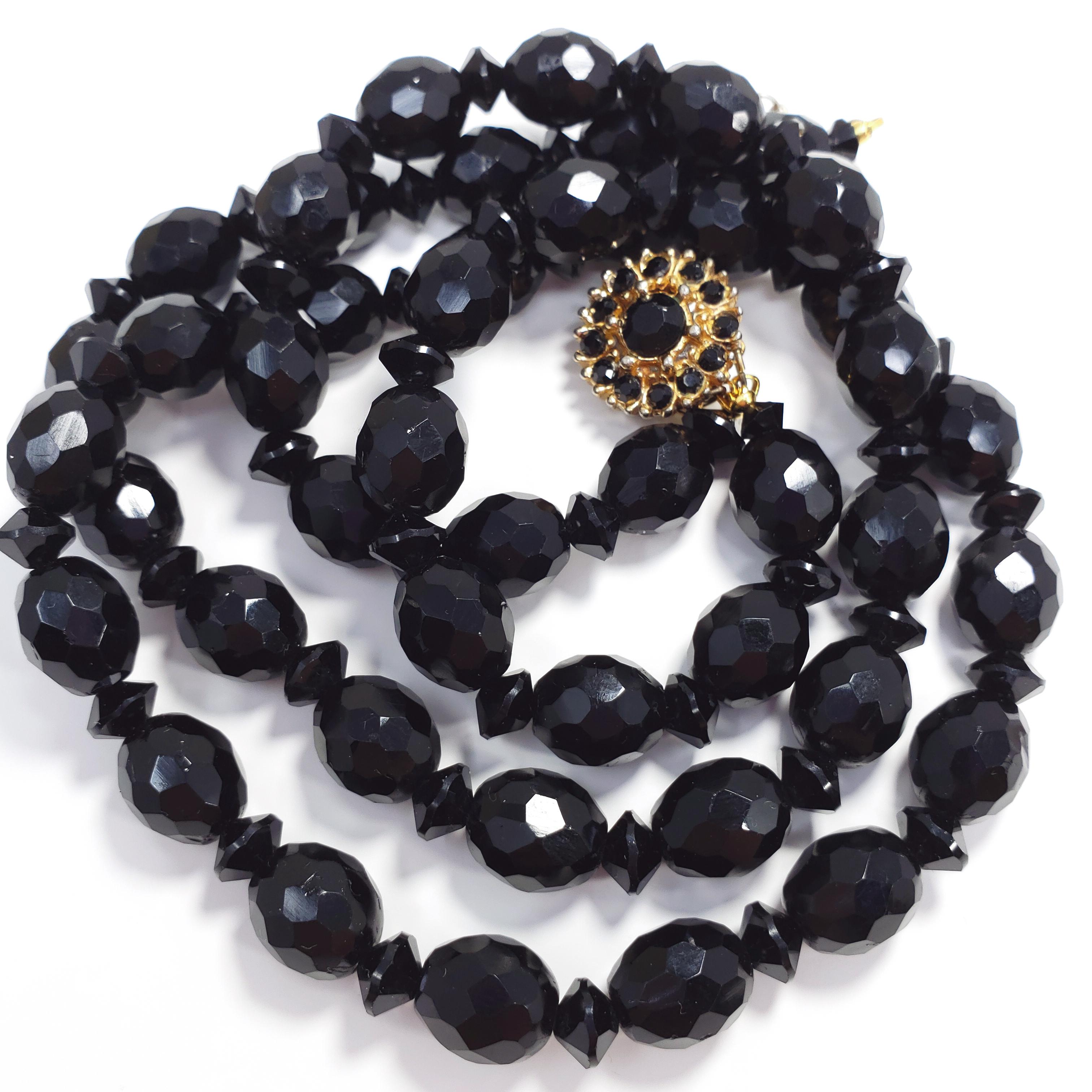Bergere Black Faceted Jet Double Strand Necklace, Gold Plated Clasp, 1960s In Good Condition In Milford, DE