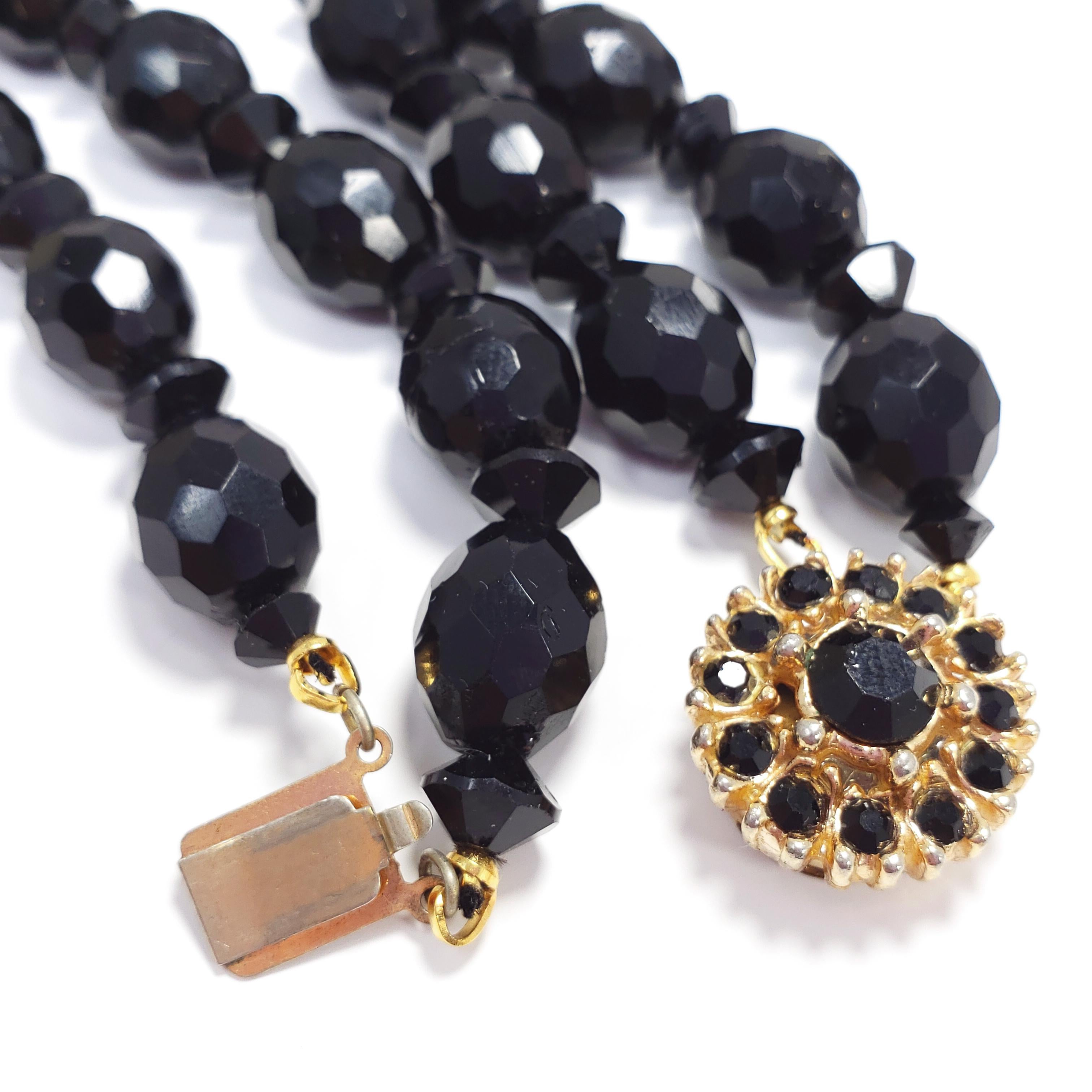 Bergere Black Faceted Jet Double Strand Necklace, Gold Plated Clasp, 1960s 1