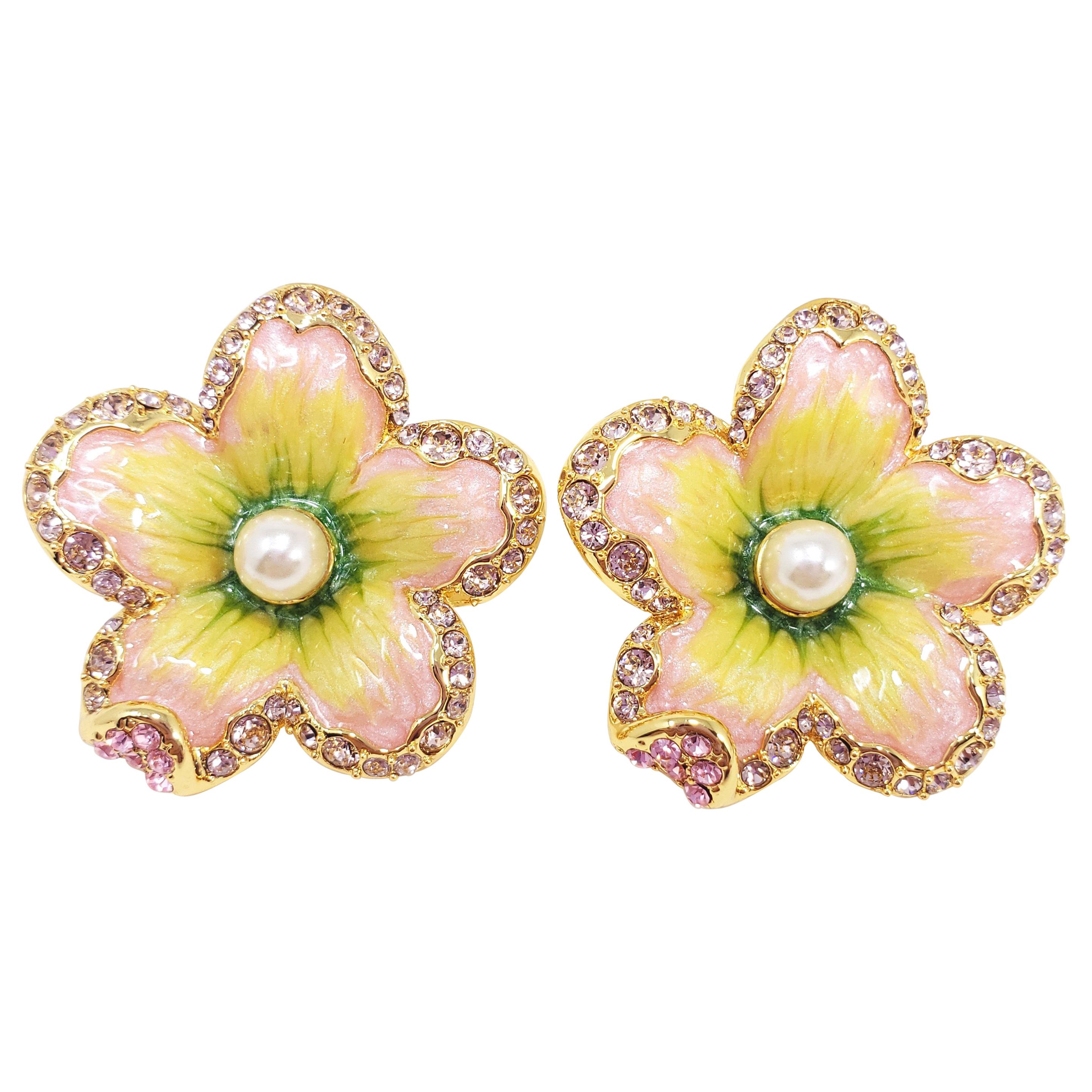 Jay Strongwater “Spring Blossom” Enamel Crystal & Simulated Pearl Clip Earrings