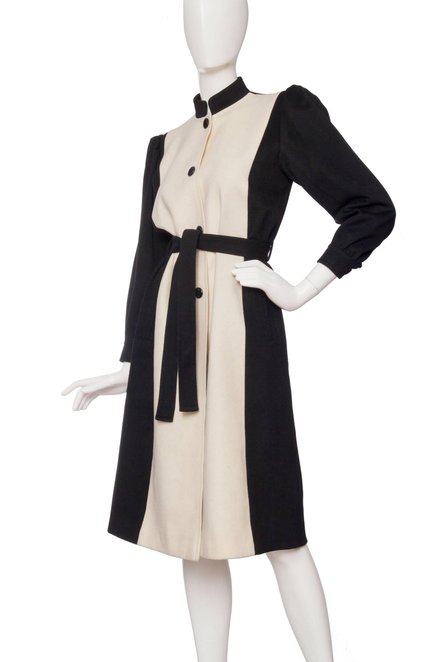 Beige 1980s Yves Saint Laurent Black & White Wool Coat For Sale