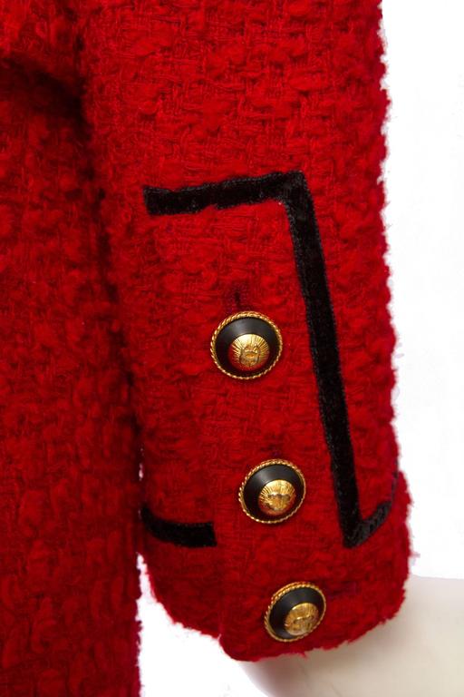 1980s Chanel Bright Red Boucle Skirt Suit at 1stDibs