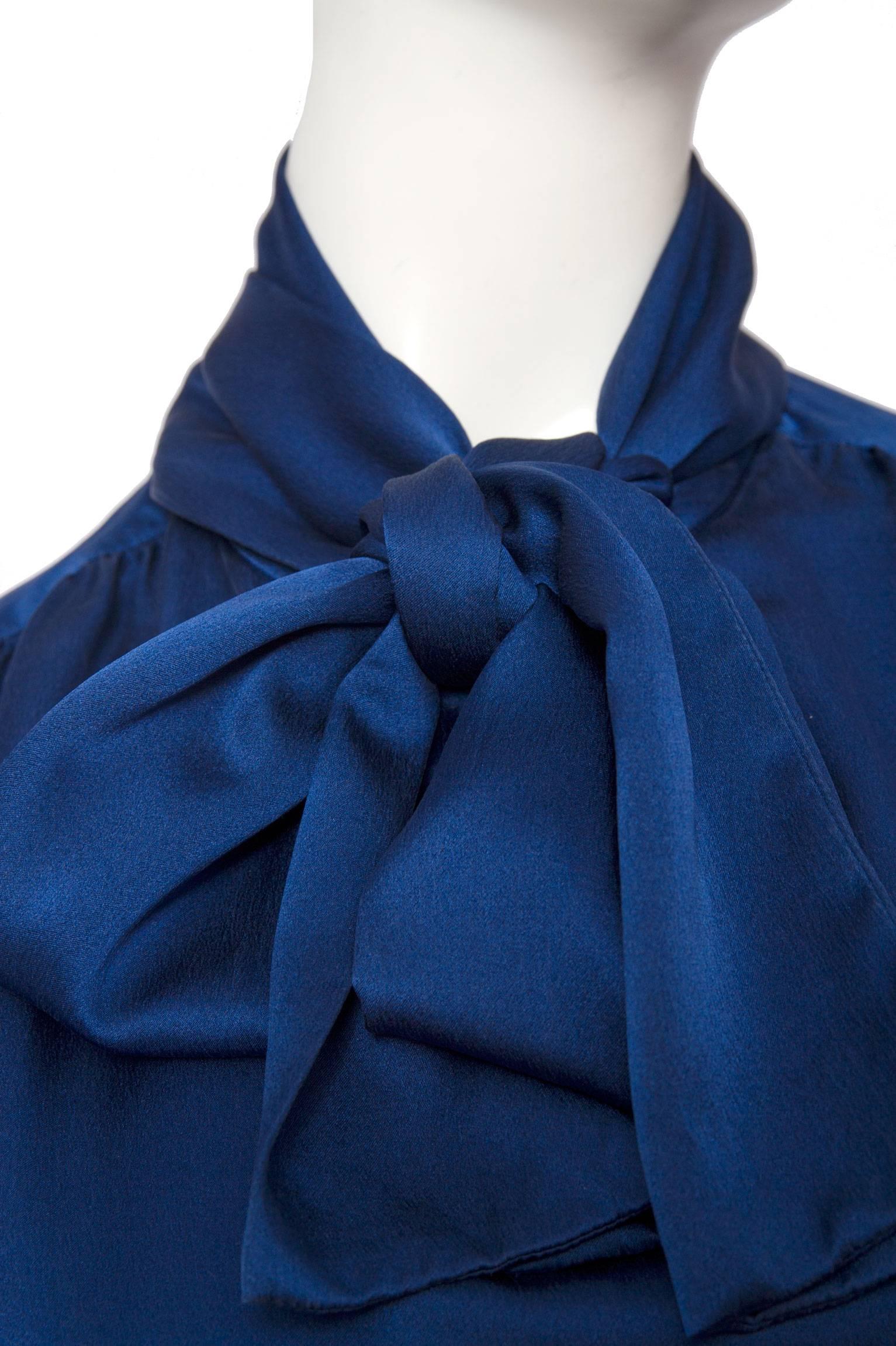 1980s Yves Saint Laurent Blue Silk Blouse 1