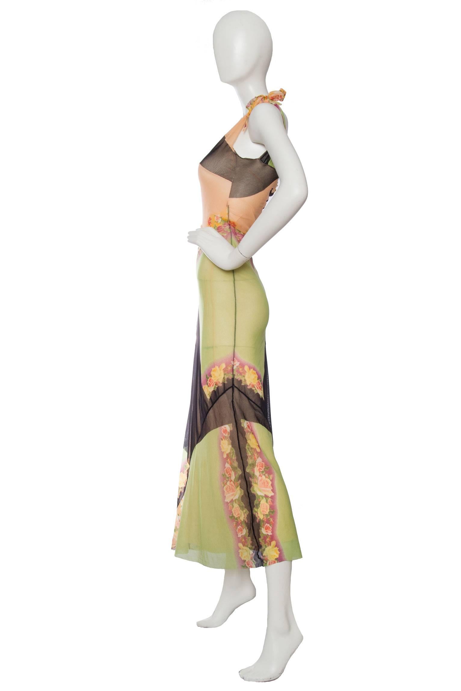 Beige 1990s Jean Paul Gaultier Soleil Floral Mesh Dress