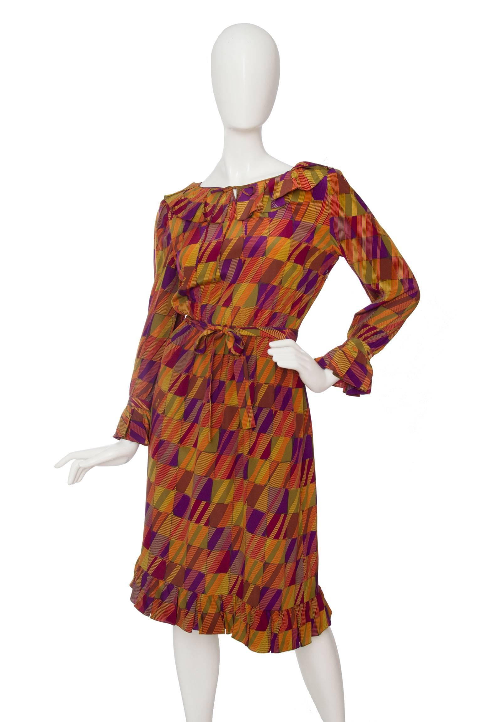 Brown 1970s Graphic Céline Silk Dress For Sale