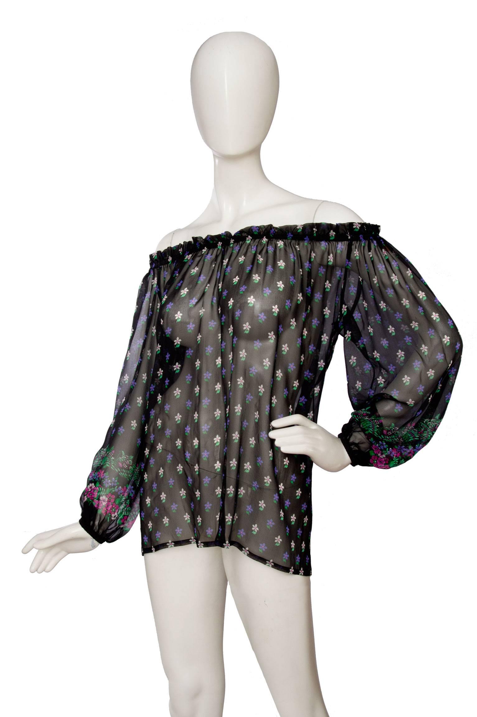 Black 1970s Yves Saint Laurent Rive Gauche Sheer Peasant Blouse