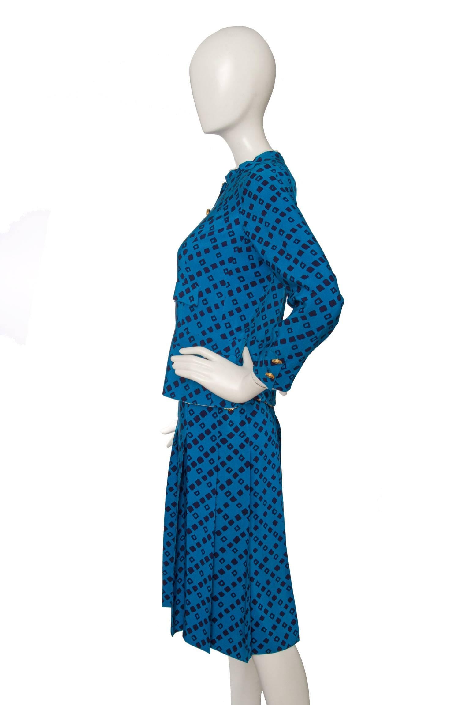 Blue 1960s Chanel Haute Couture Silk Skirt Suit