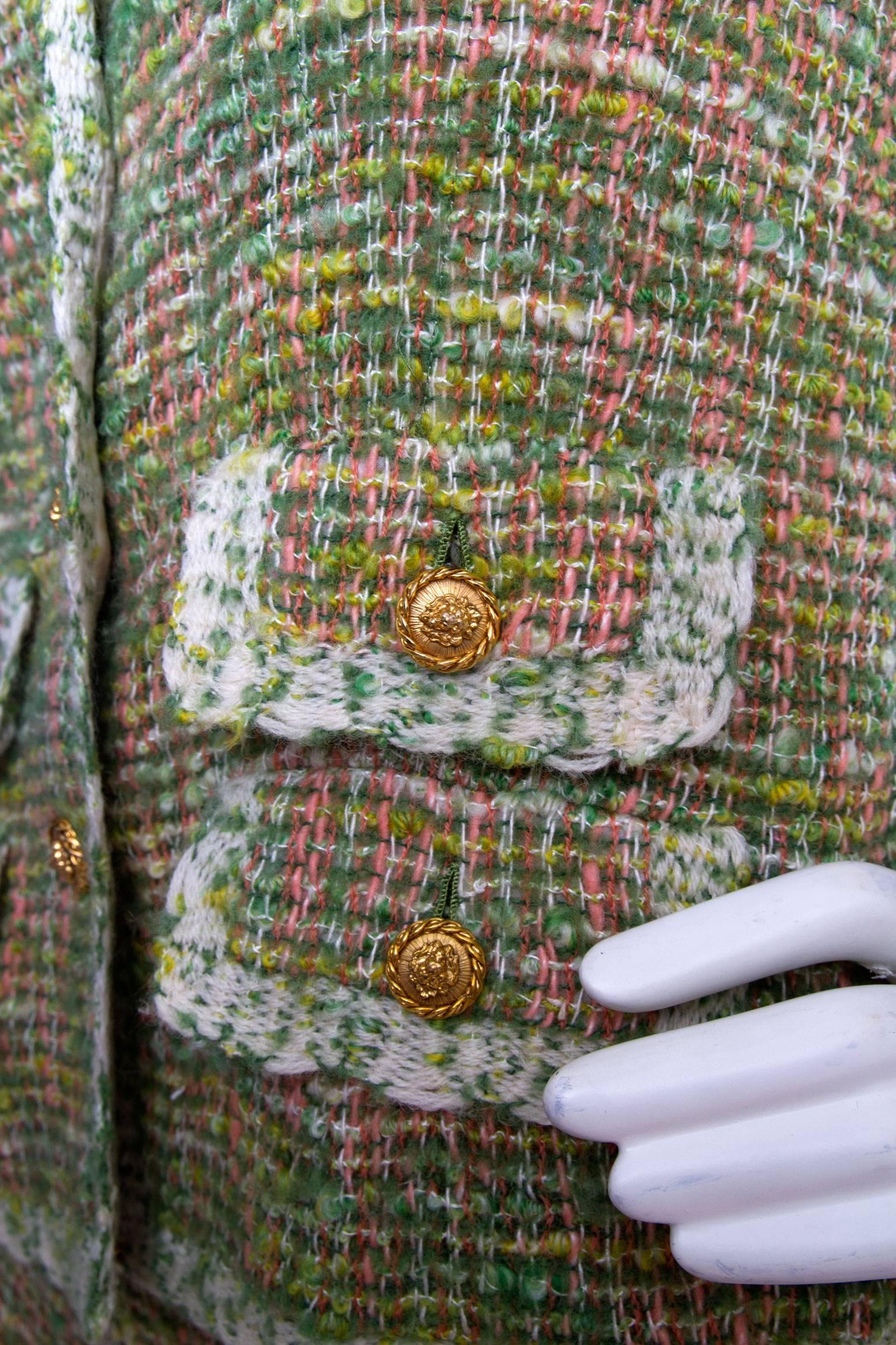 1960s Chanel Haute Couture Green & Pink Skirt Suit 2