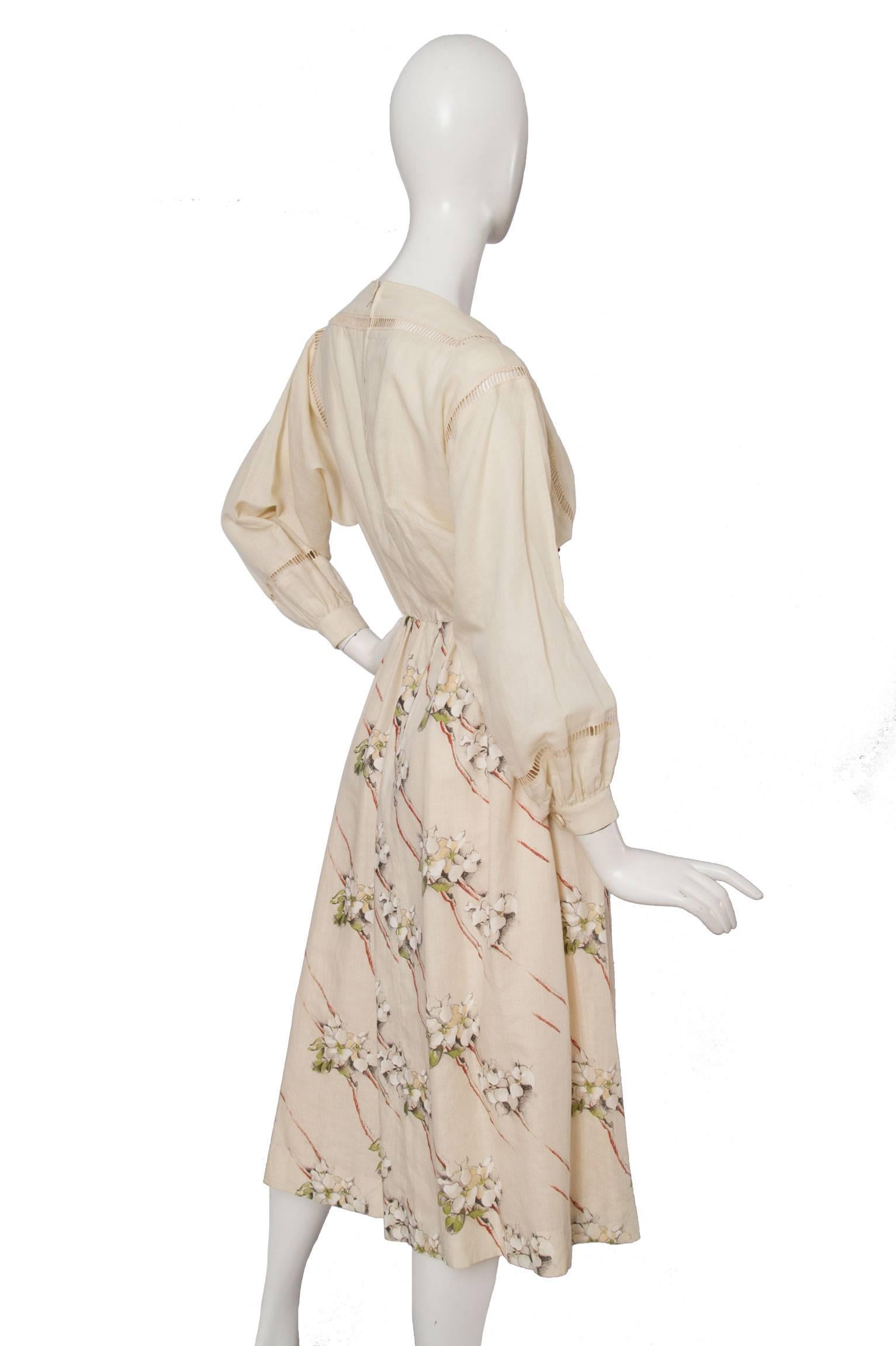 Beige 1970s Valentino Cotton  Peasant Dress  For Sale
