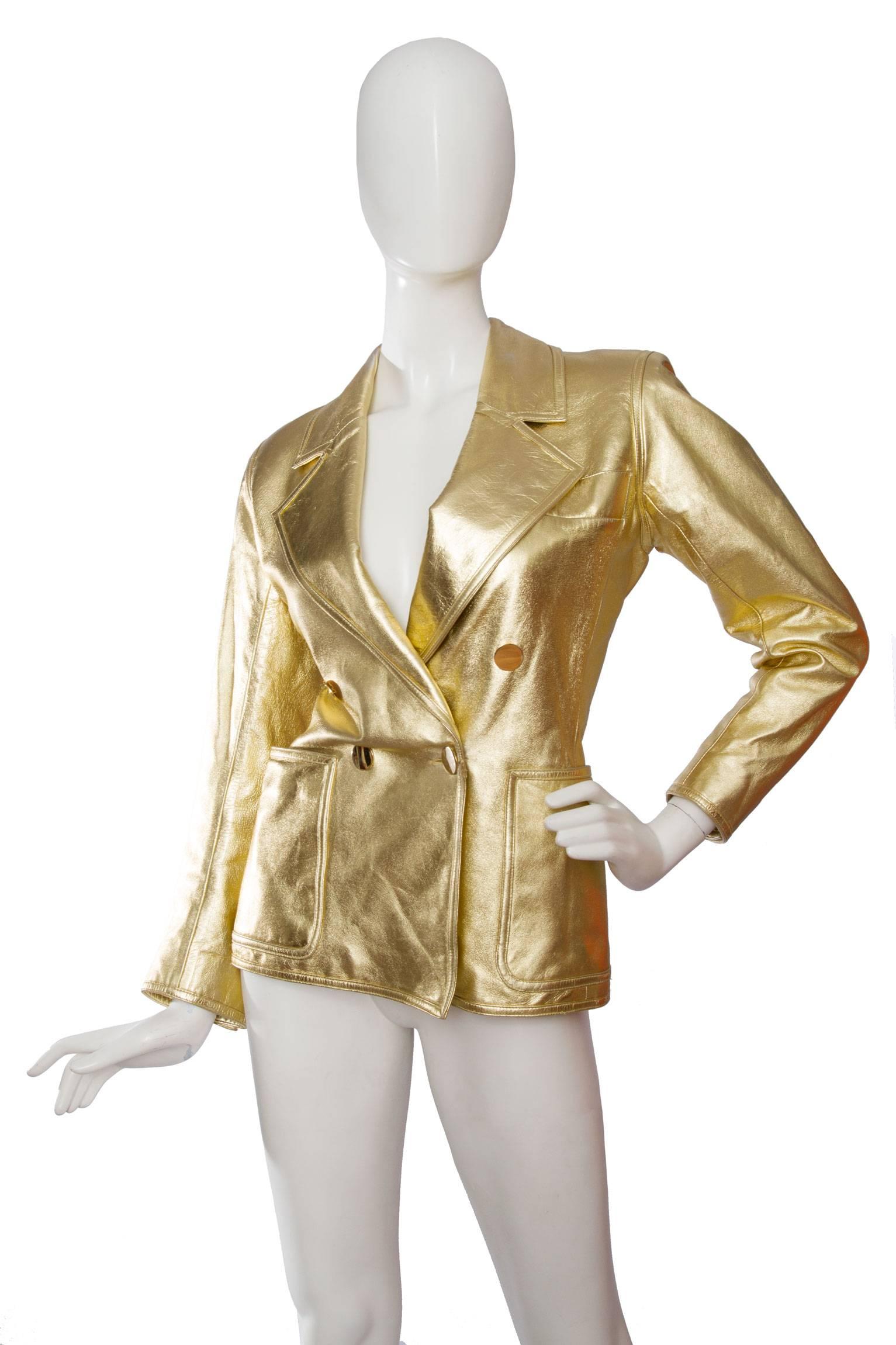 Brown 1992 Documented Yves Saint Laurent Double Breasted Gold Leather Jacket