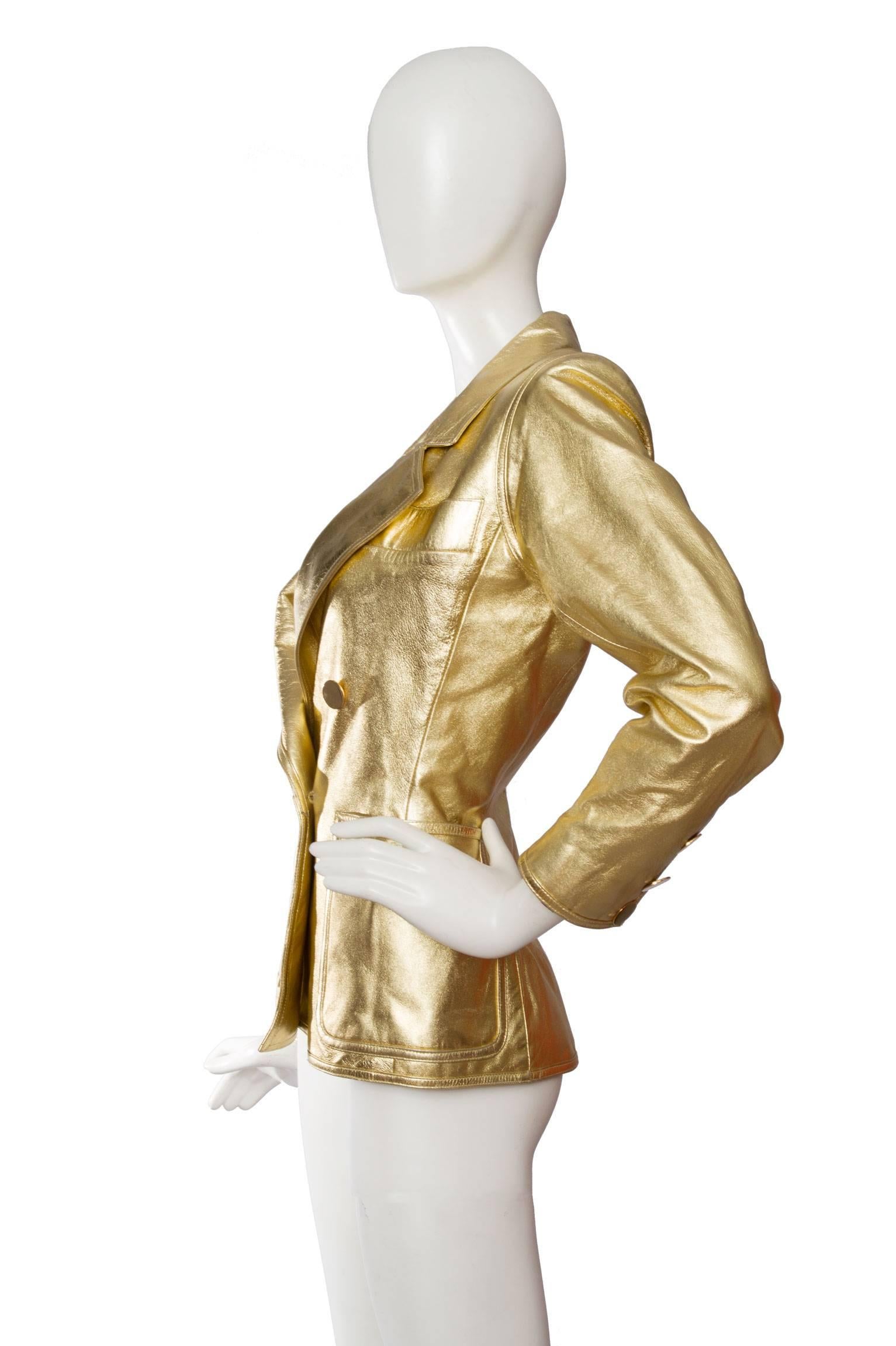 1992 Documented Yves Saint Laurent Double Breasted Gold Leather Jacket In Good Condition In Copenhagen, DK