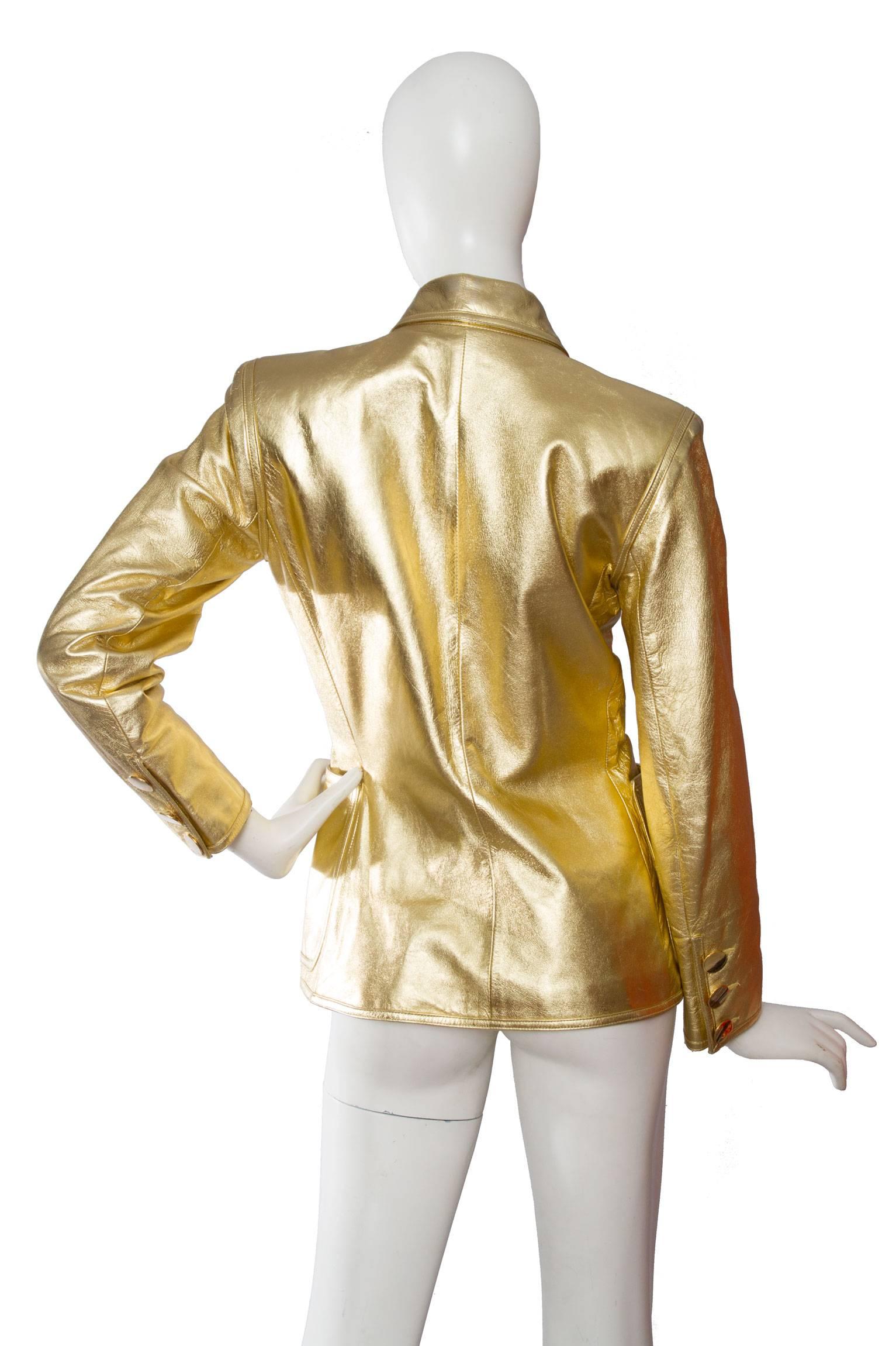 Women's 1992 Documented Yves Saint Laurent Double Breasted Gold Leather Jacket